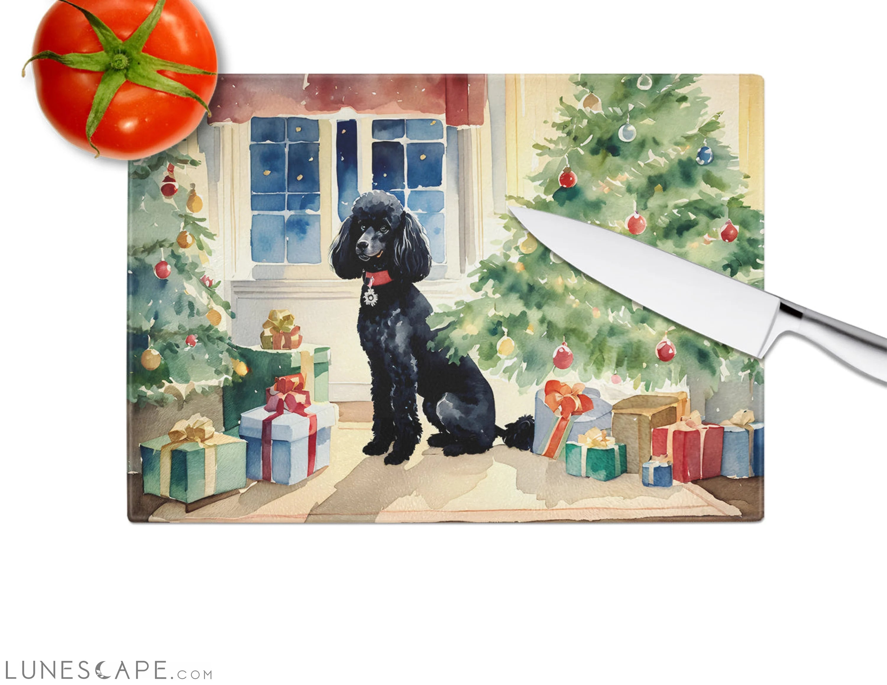 Poodle Cozy Christmas Glass Cutting Board LUNESCAPE
