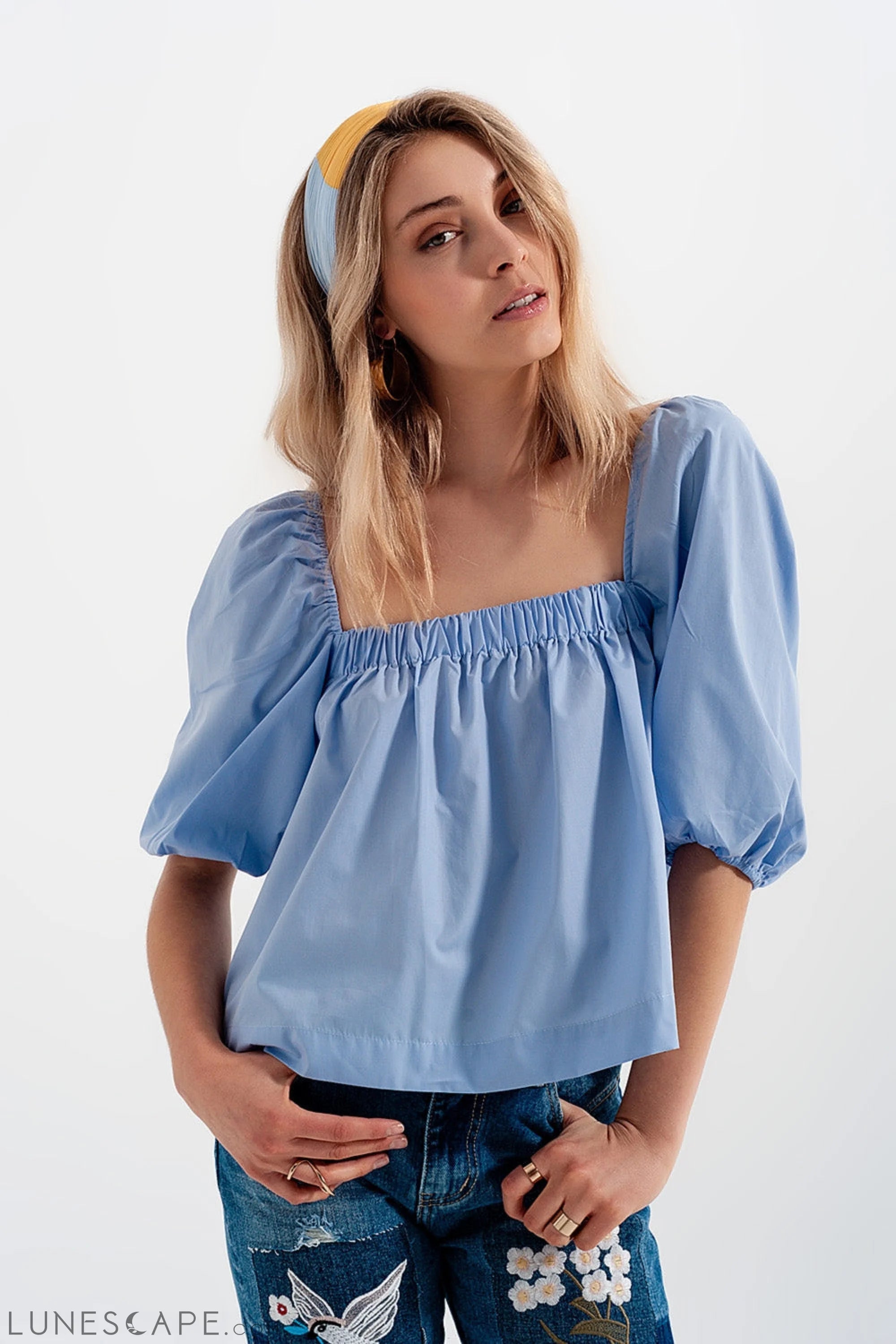 Poplin Balloon Sleeve Top in Blue LUNESCAPE