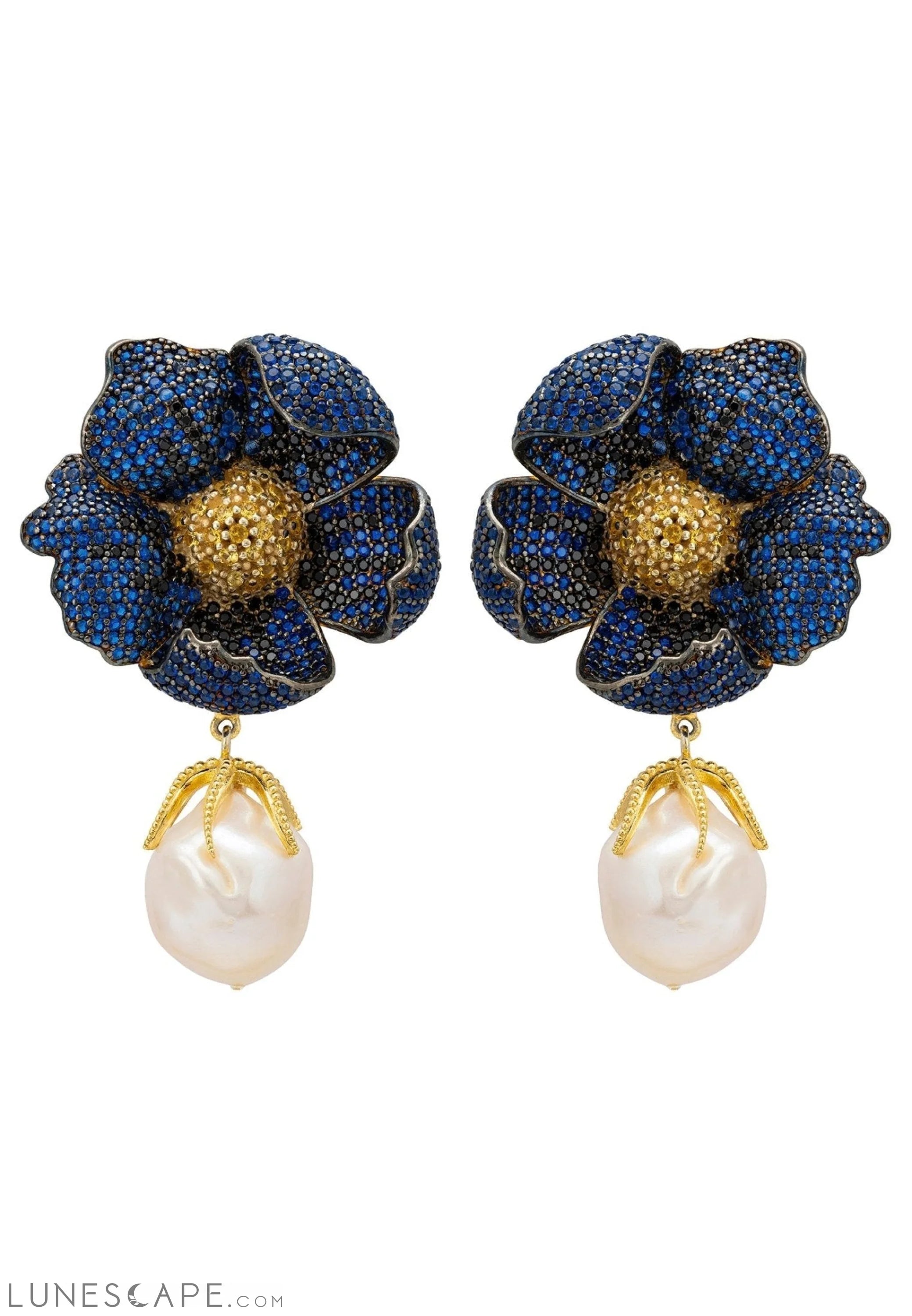 Poppy Flower Baroque Pearl Earrings Sapphire Blue Gold LUNESCAPE