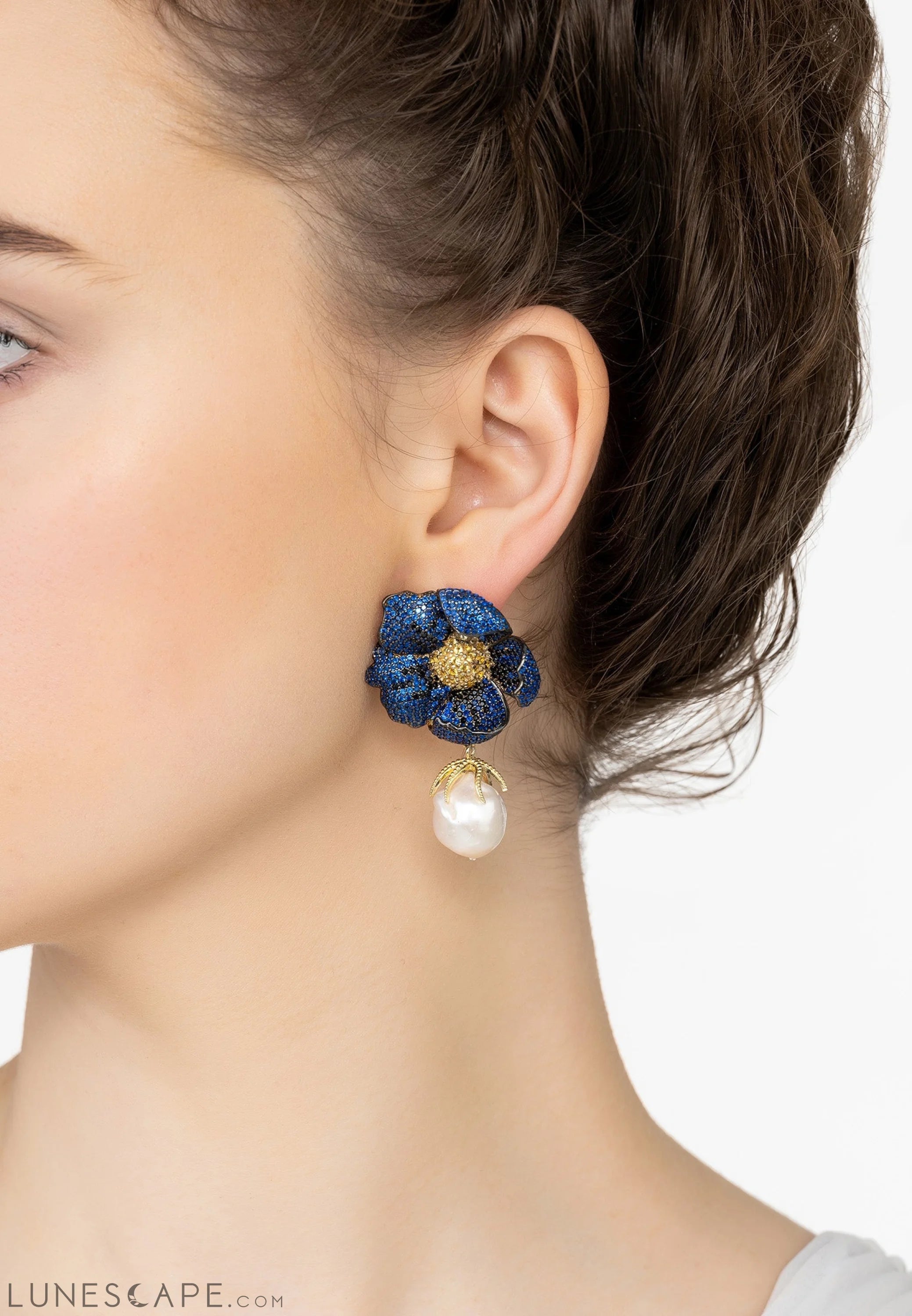 Poppy Flower Baroque Pearl Earrings Sapphire Blue Gold LUNESCAPE