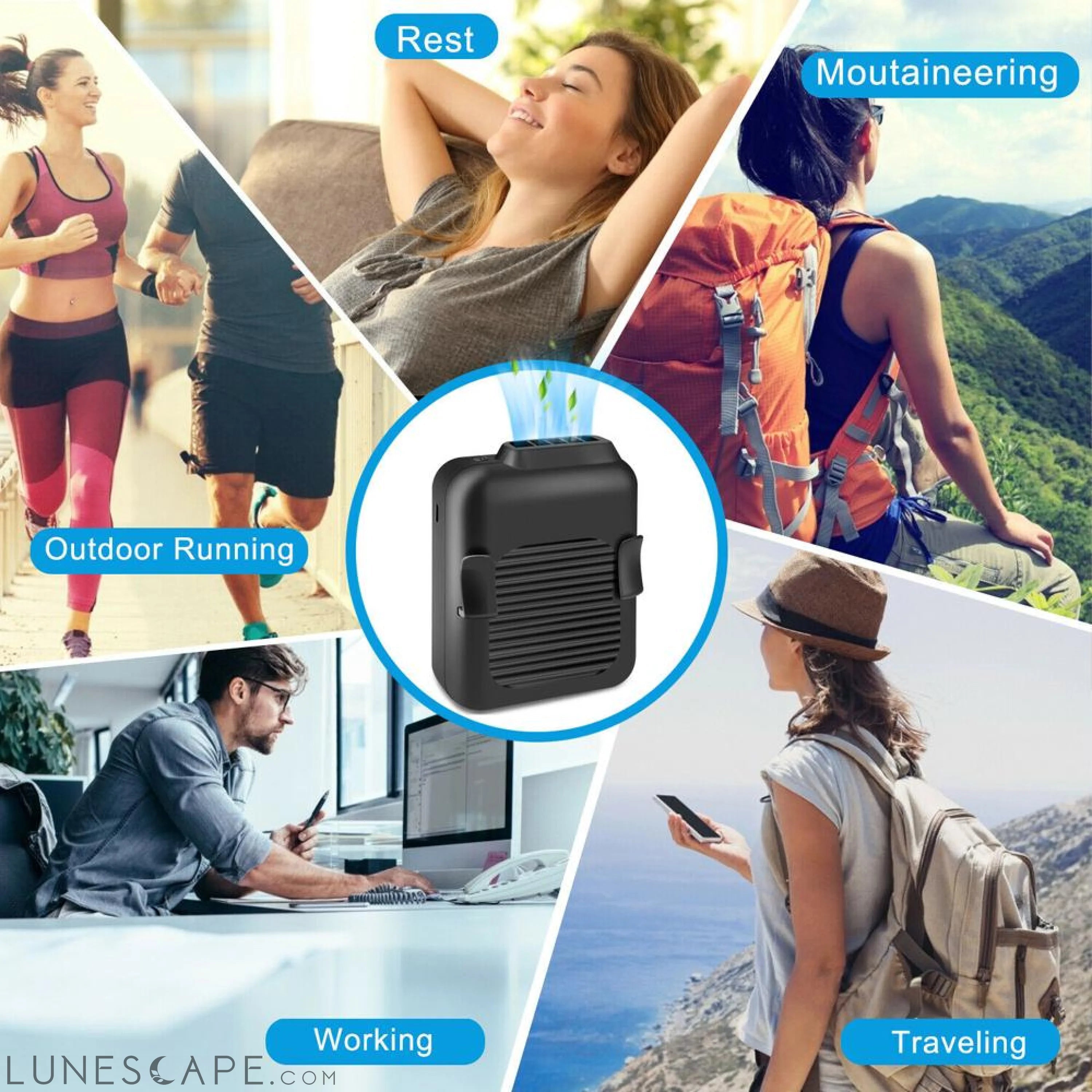Portable Compact Cooling Fan Hanging Handsfree with Waist Clip LUNESCAPE