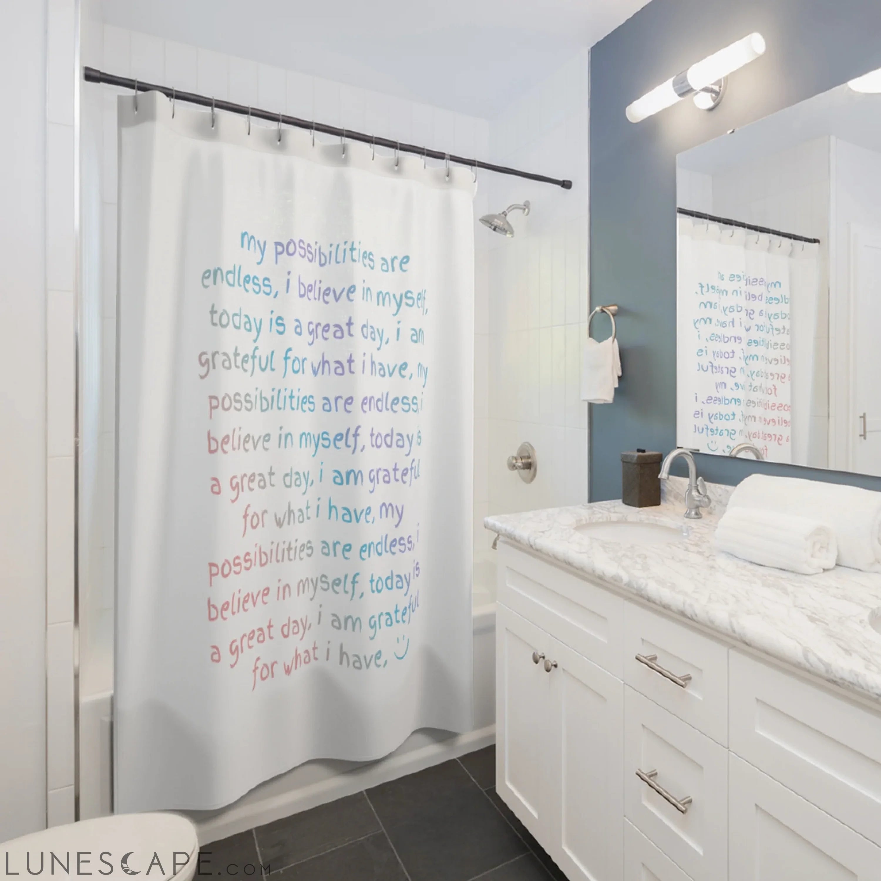 Positive Affirmations Shower Curtain LUNESCAPE