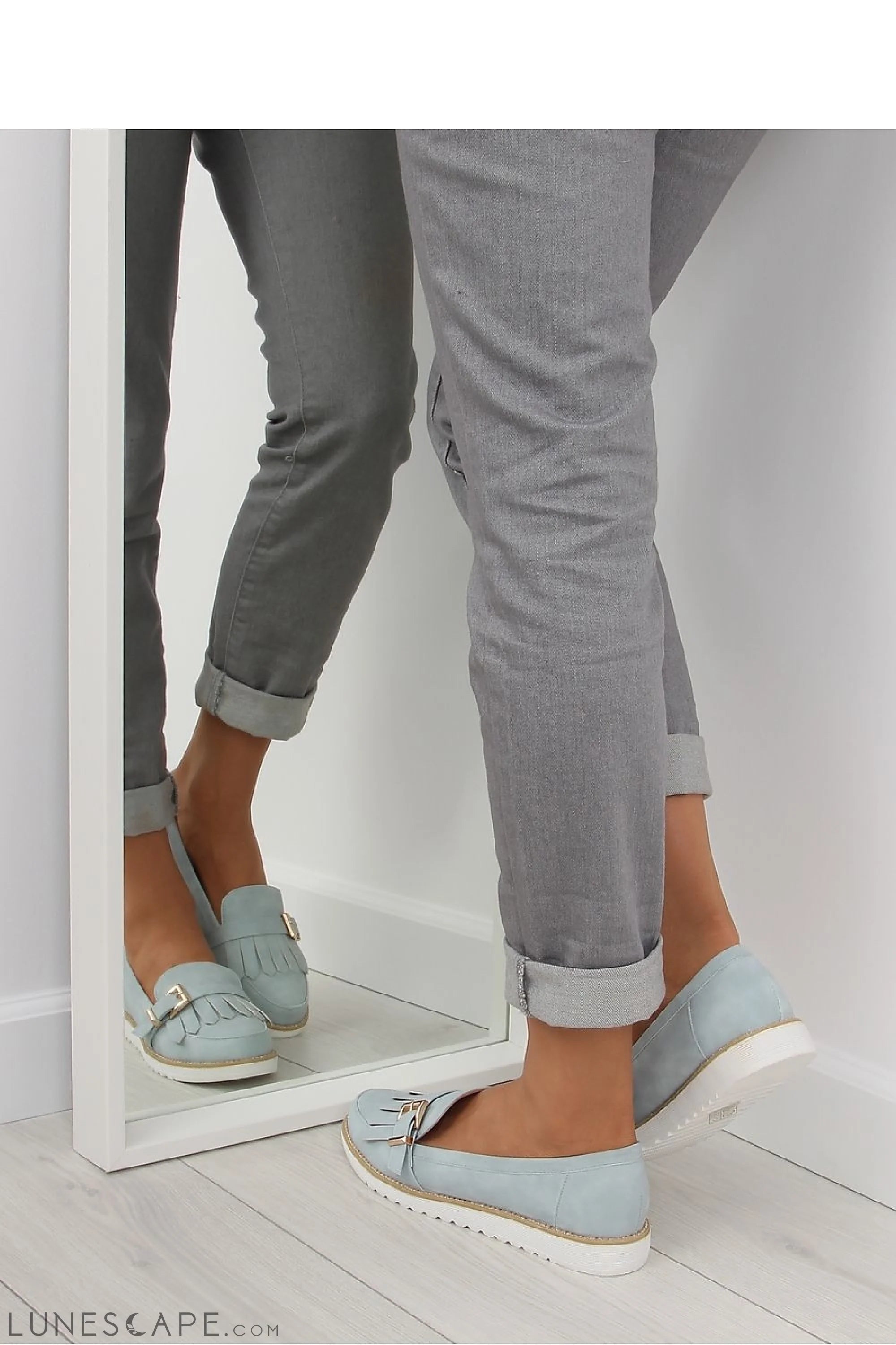 Powder Blue Women's Fringed Loafers–Almond Toe with Kiltie Buckle and White Sole LUNESCAPE