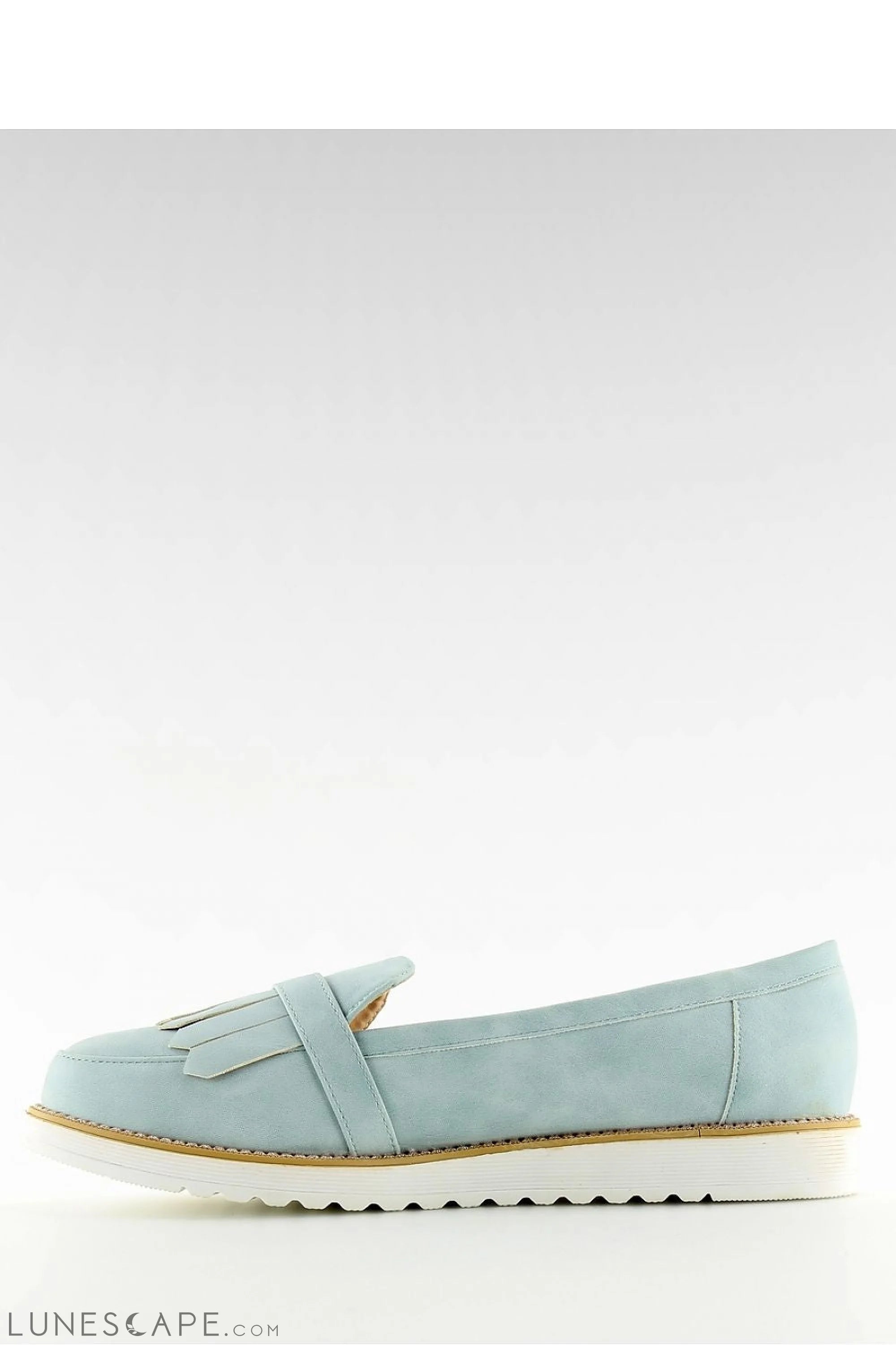Powder Blue Women's Fringed Loafers–Almond Toe with Kiltie Buckle and White Sole LUNESCAPE