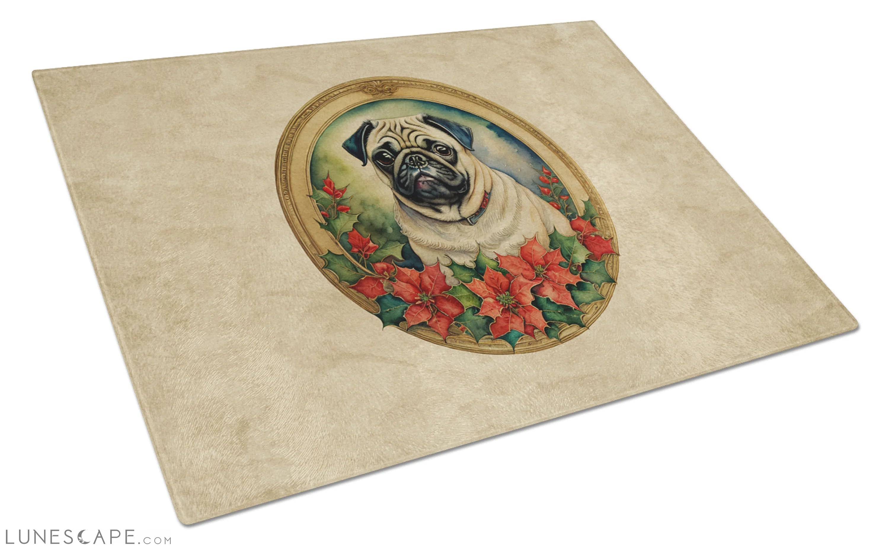 Pug Christmas Flowers Glass Cutting Board LUNESCAPE