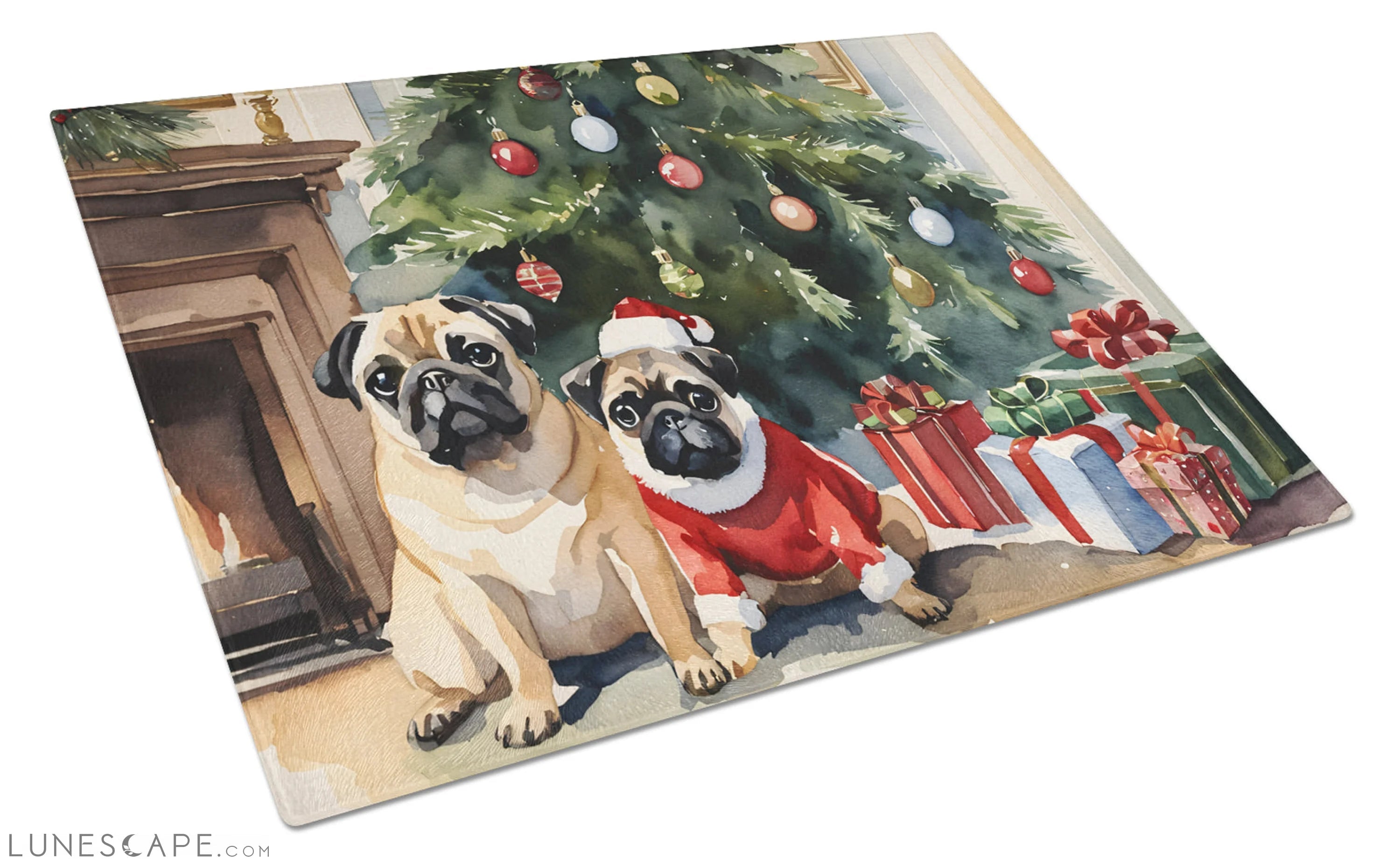 Pug Cozy Christmas Glass Cutting Board LUNESCAPE