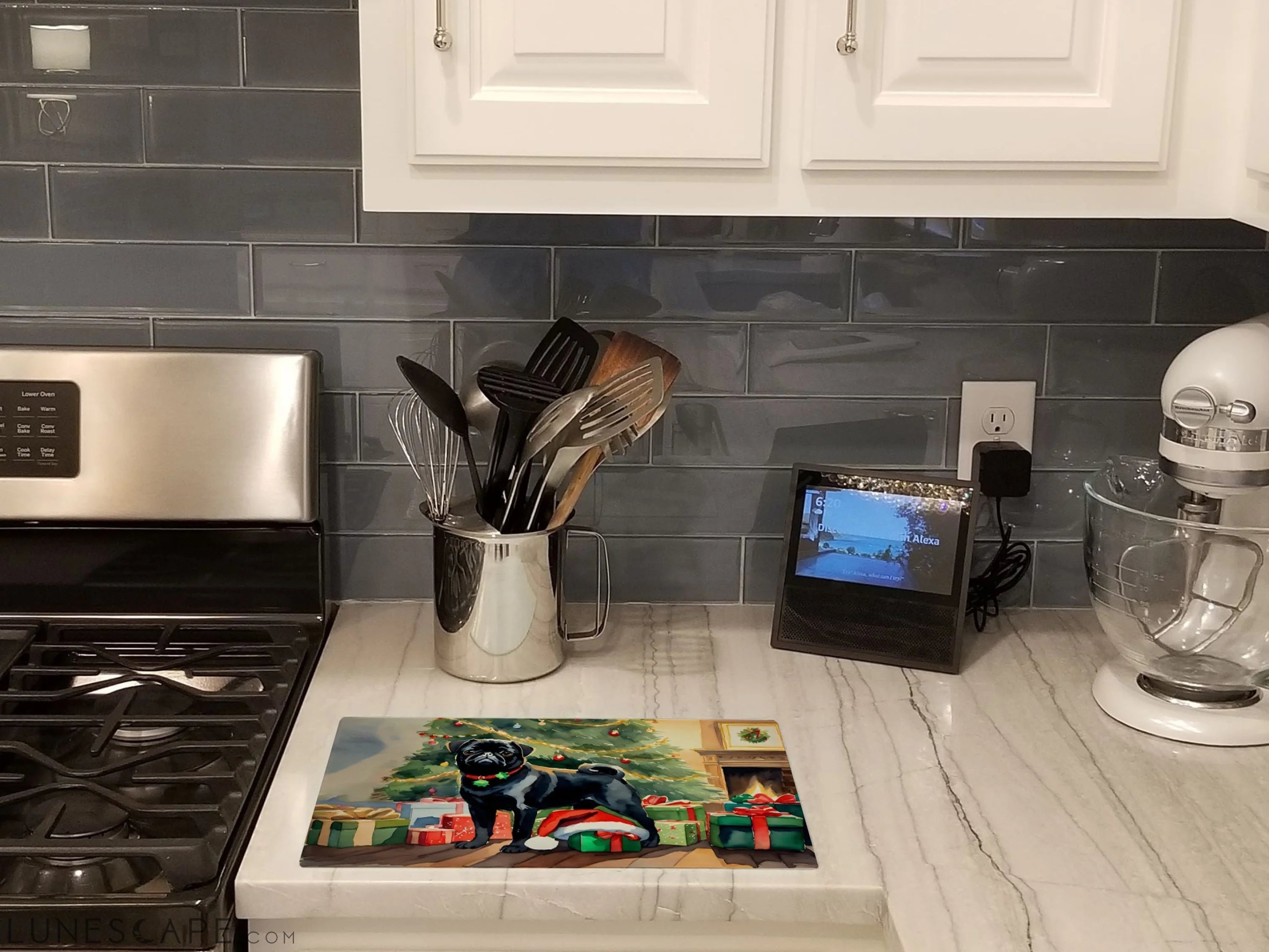 Pug Cozy Christmas Glass Cutting Board LUNESCAPE