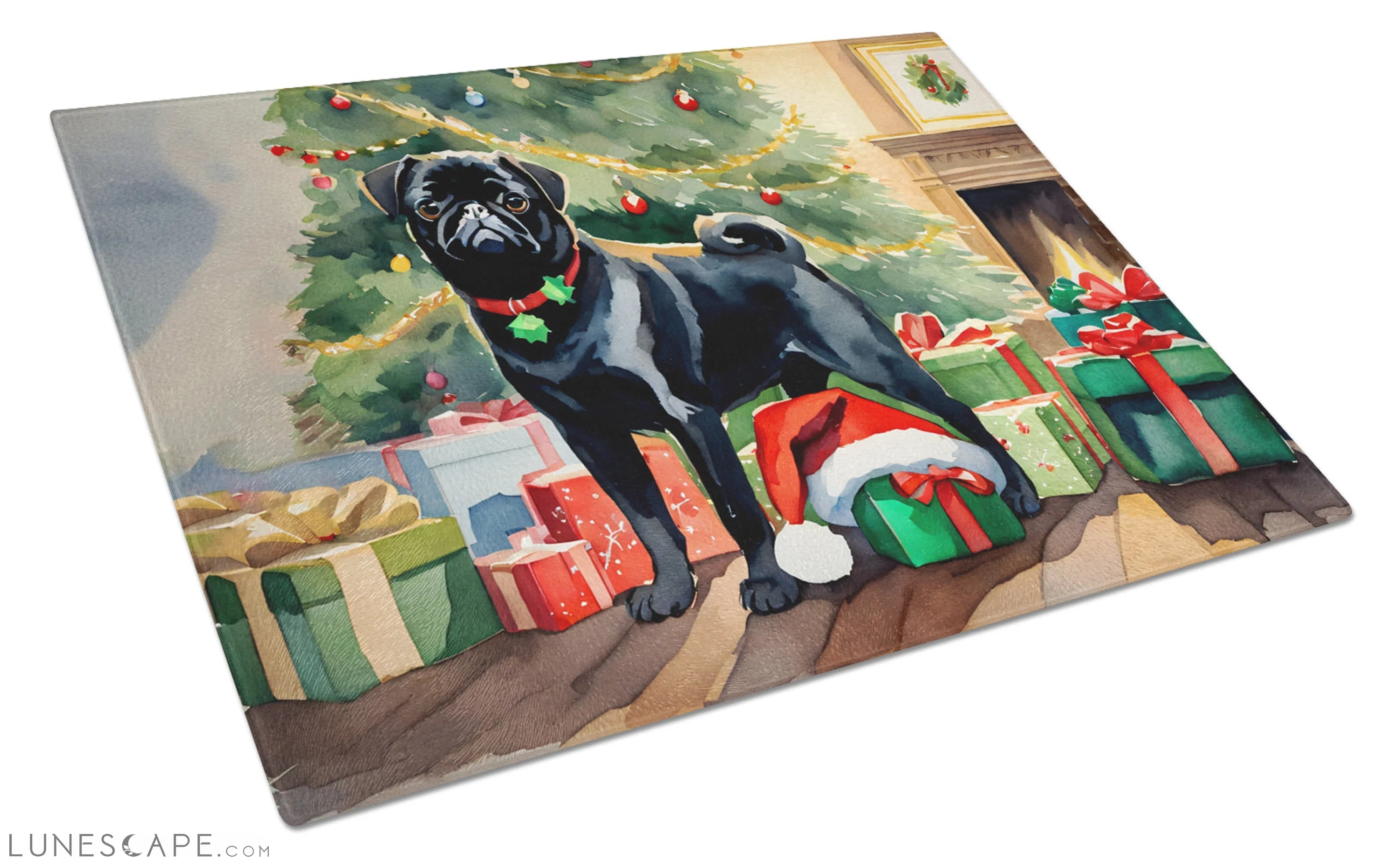 Pug Cozy Christmas Glass Cutting Board LUNESCAPE