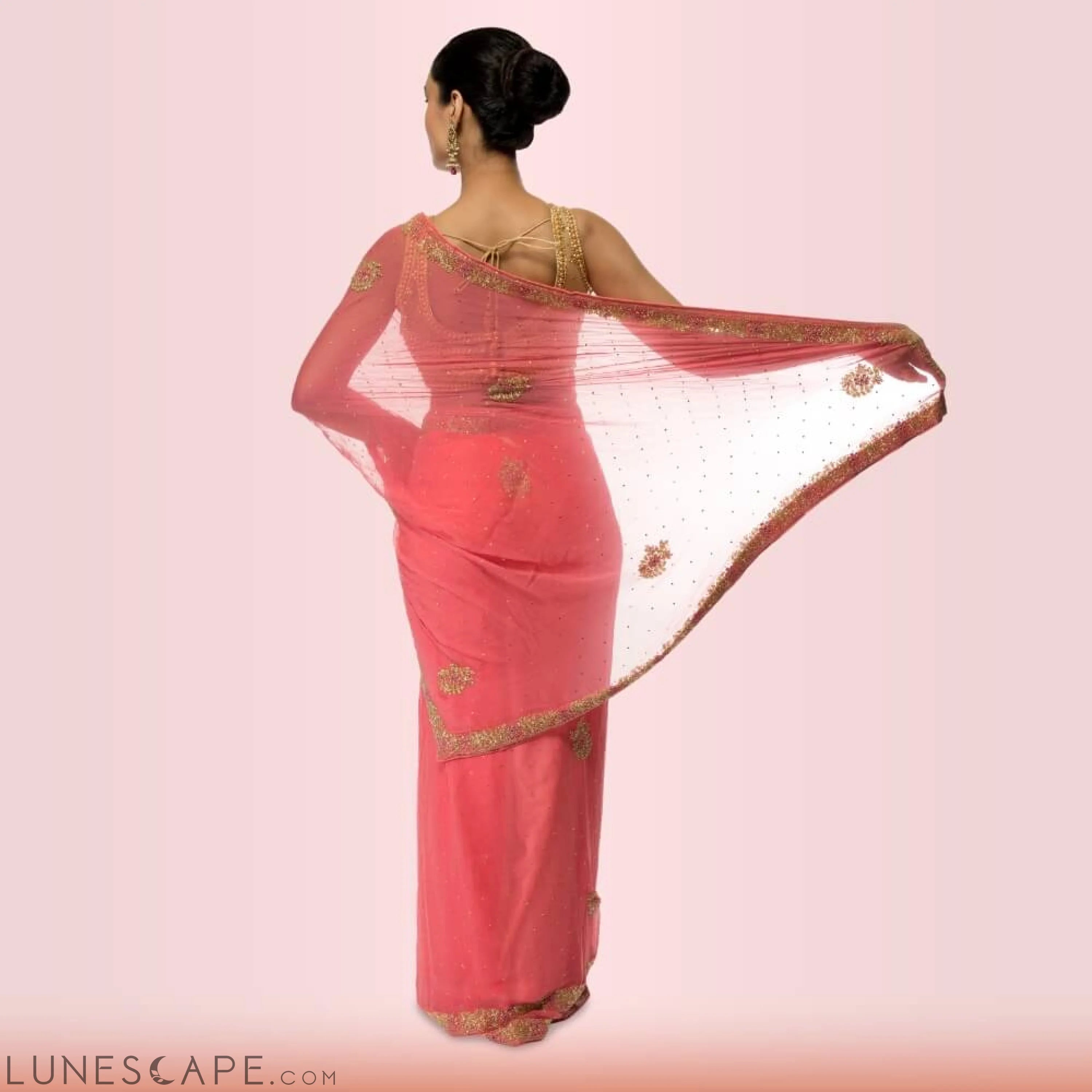 Pure Chiffon Bead-Work Saree - Pink LUNESCAPE