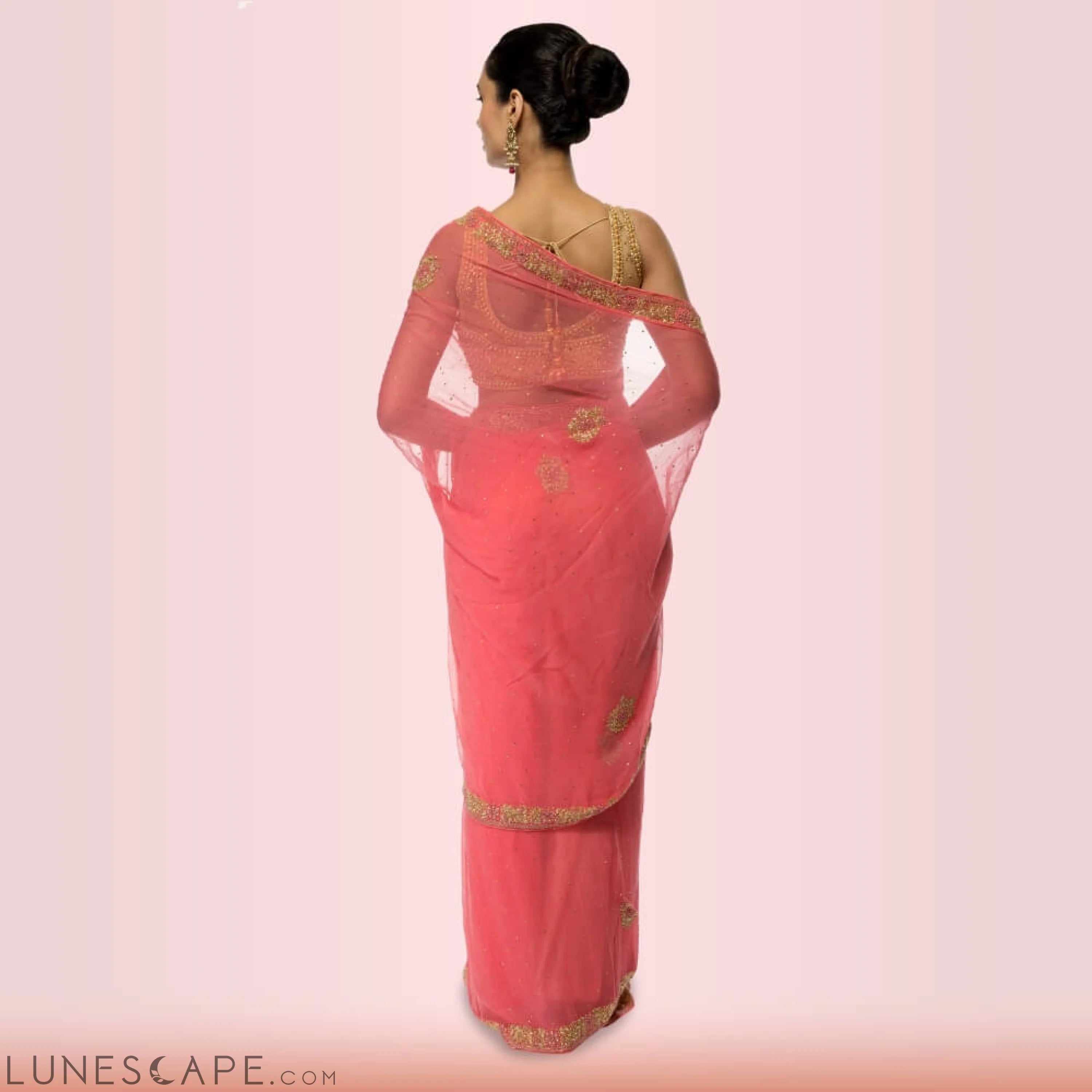 Pure Chiffon Bead-Work Saree - Pink LUNESCAPE