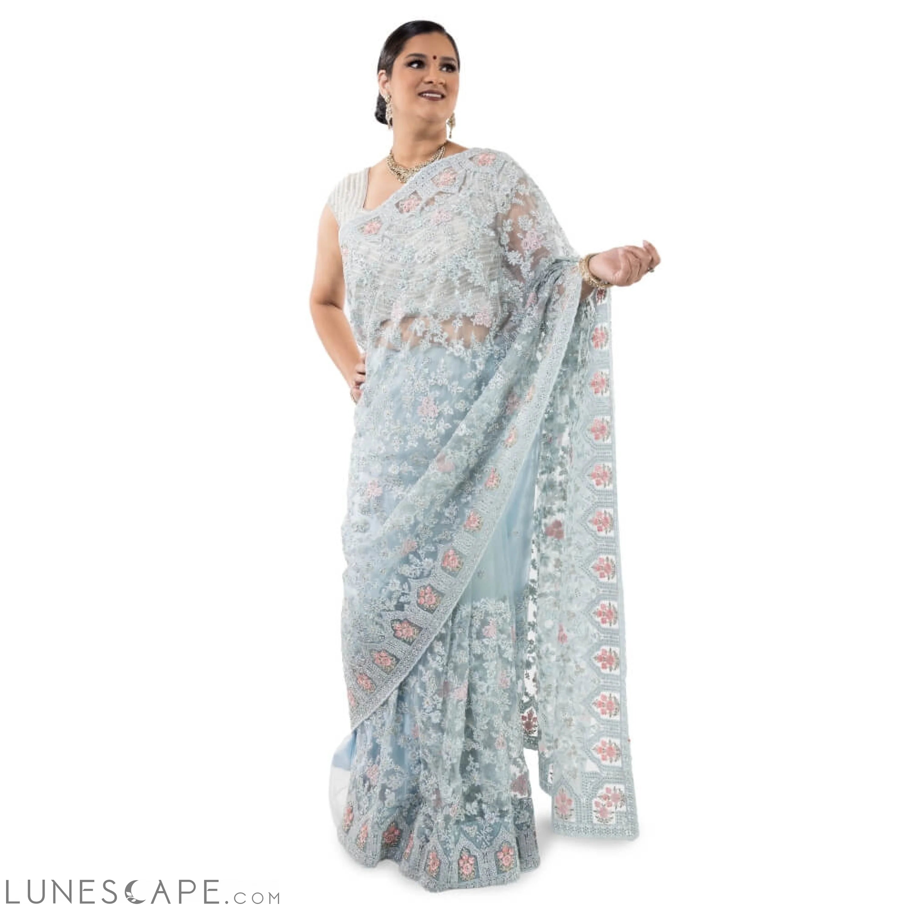 Pure Net Saree With Heavy Embroidery - Sky Blue LUNESCAPE