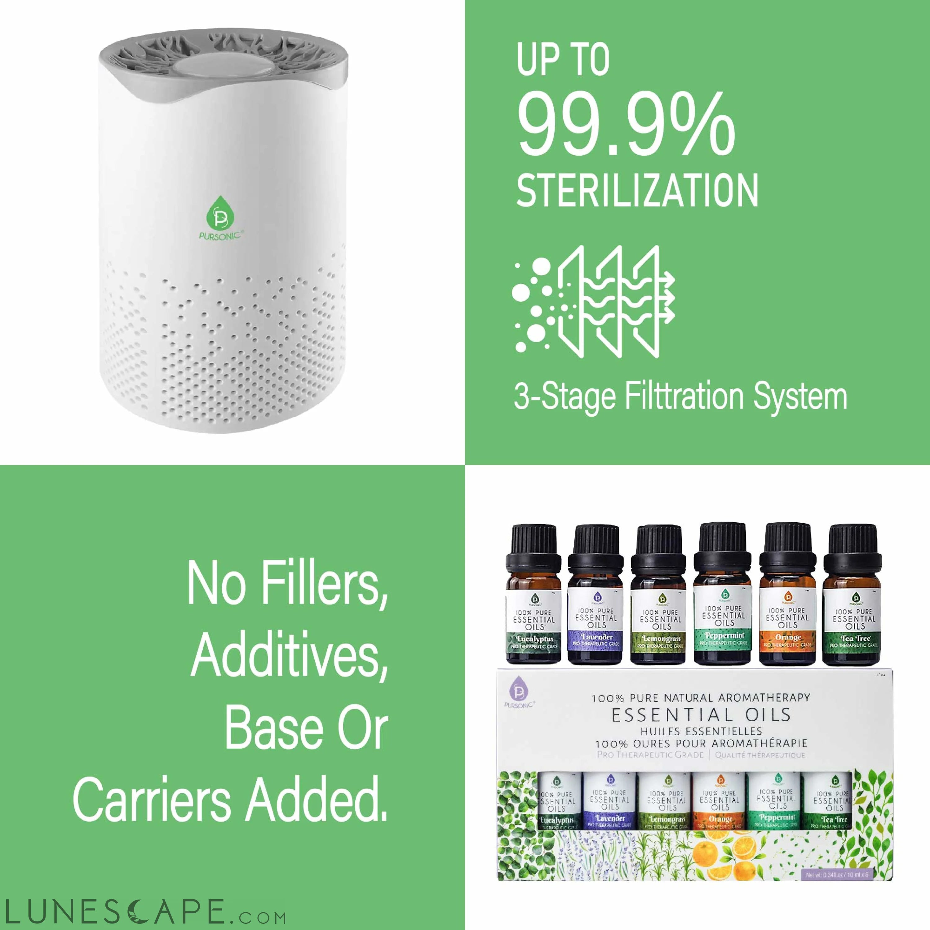 Pursonic Air Purifier with 6-Pack Premium Essential Oils Collection LUNESCAPE