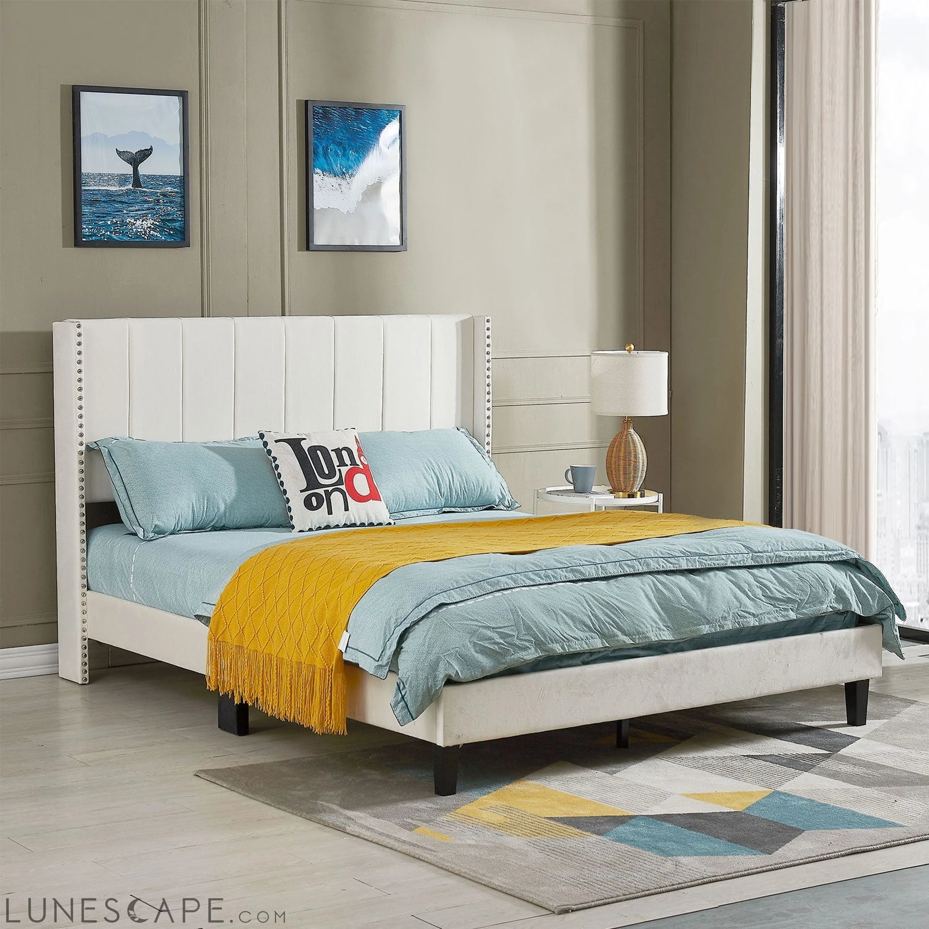 Queen Bed Frame/Velvet Upholstered Bed Frame with Vertical Channel LUNESCAPE