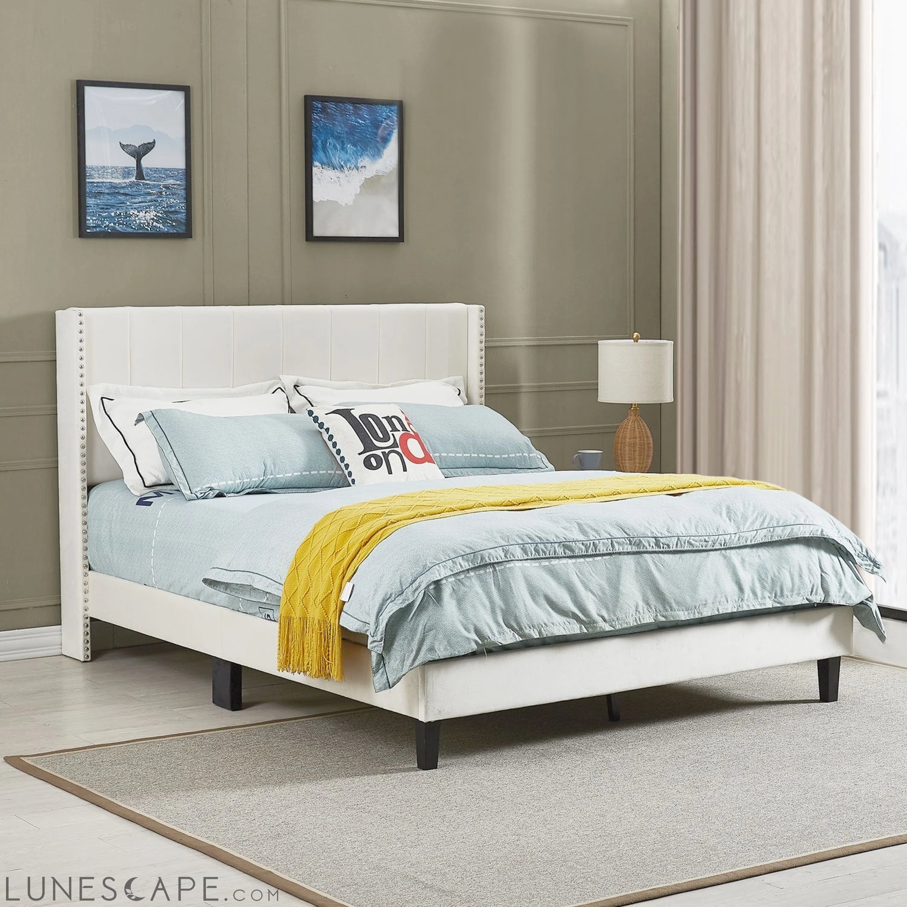 Queen Bed Frame/Velvet Upholstered Bed Frame with Vertical Channel LUNESCAPE