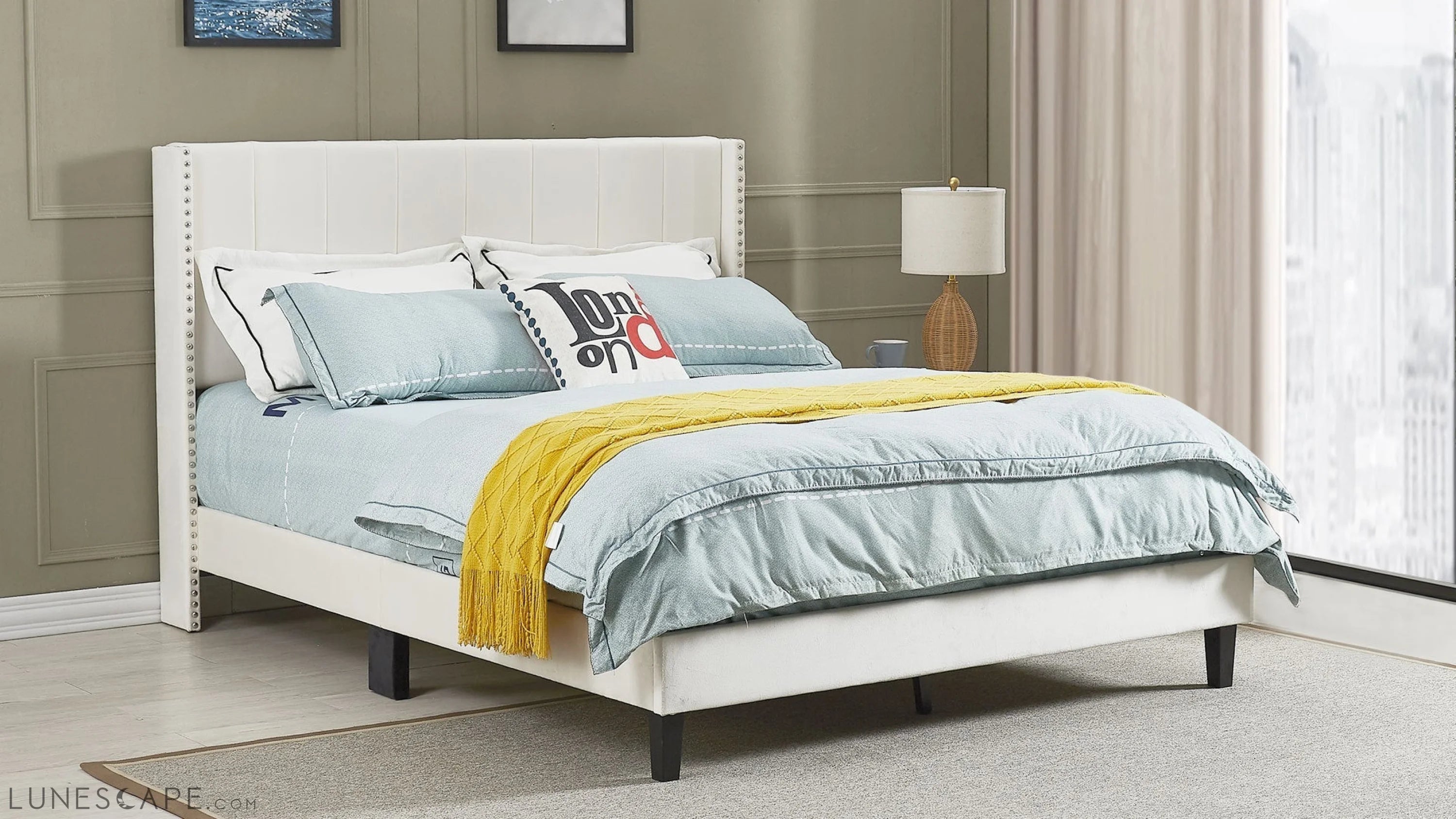 Queen Bed Frame/Velvet Upholstered Bed Frame with Vertical Channel LUNESCAPE