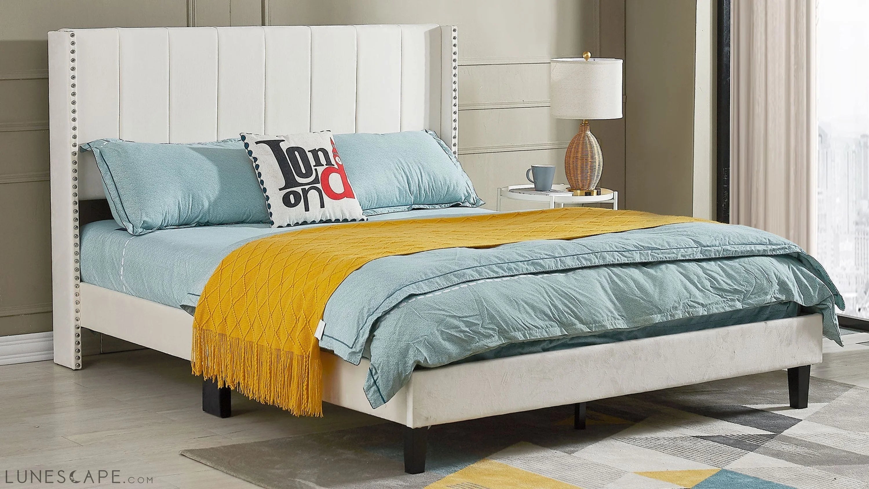 Queen Bed Frame/Velvet Upholstered Bed Frame with Vertical Channel LUNESCAPE