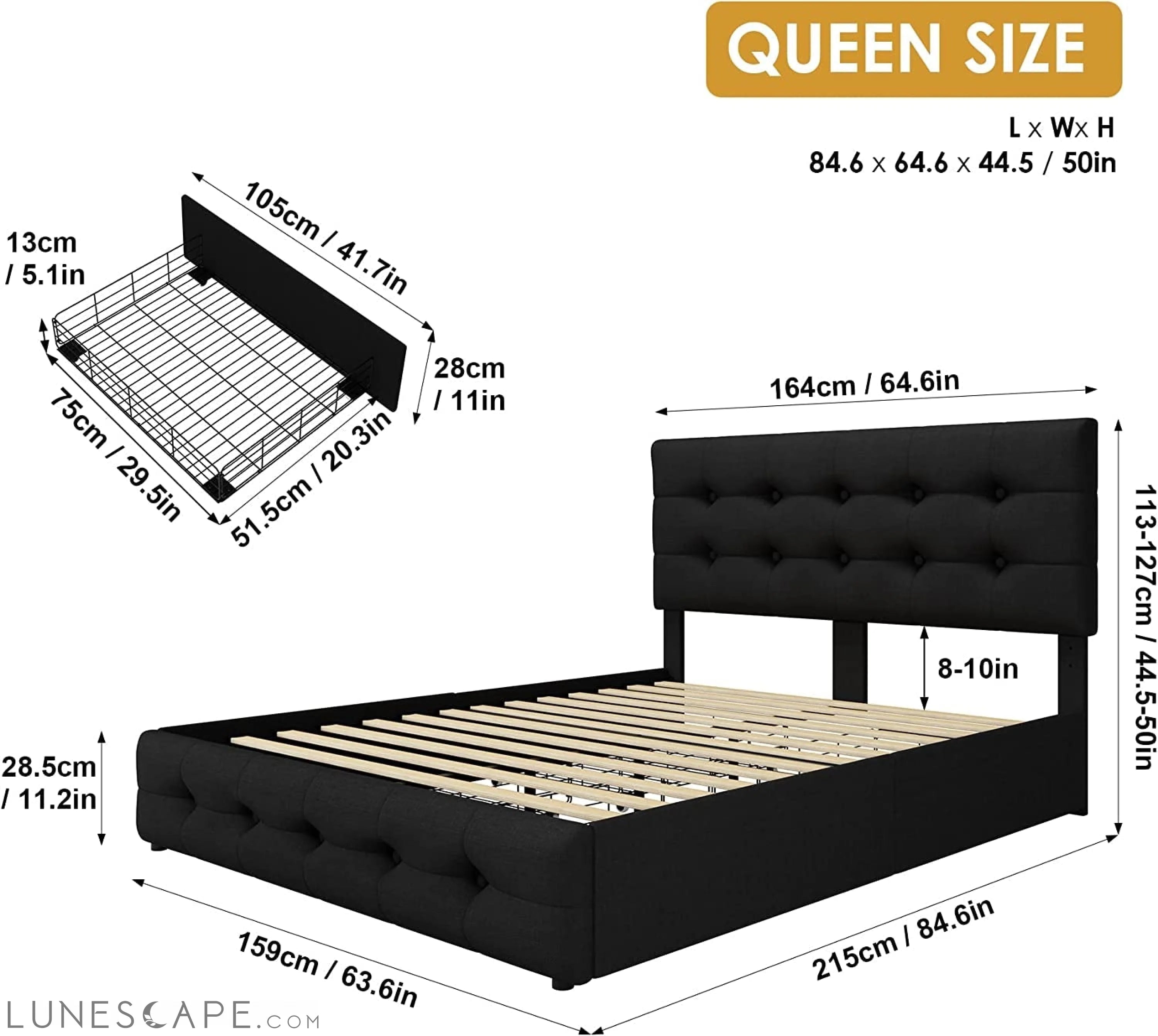 Queen Bed Frame with 4 Storage Drawers, Adjustable Headboard, Wooden LUNESCAPE