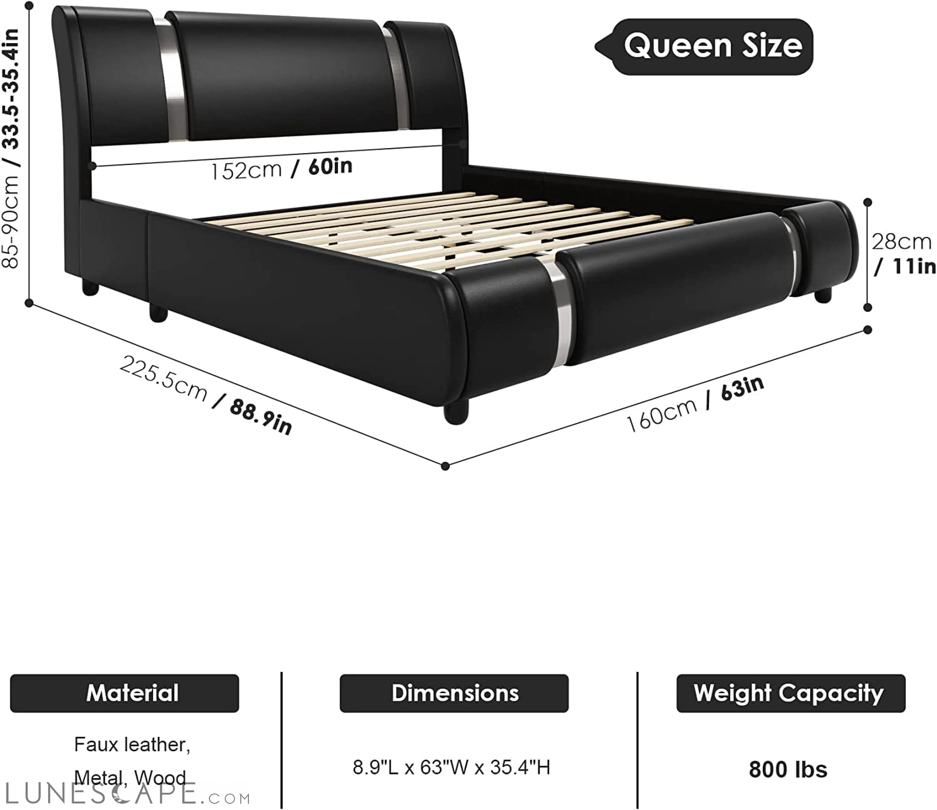Queen Faux Leather Upholstered Platform Bed Frame LUNESCAPE