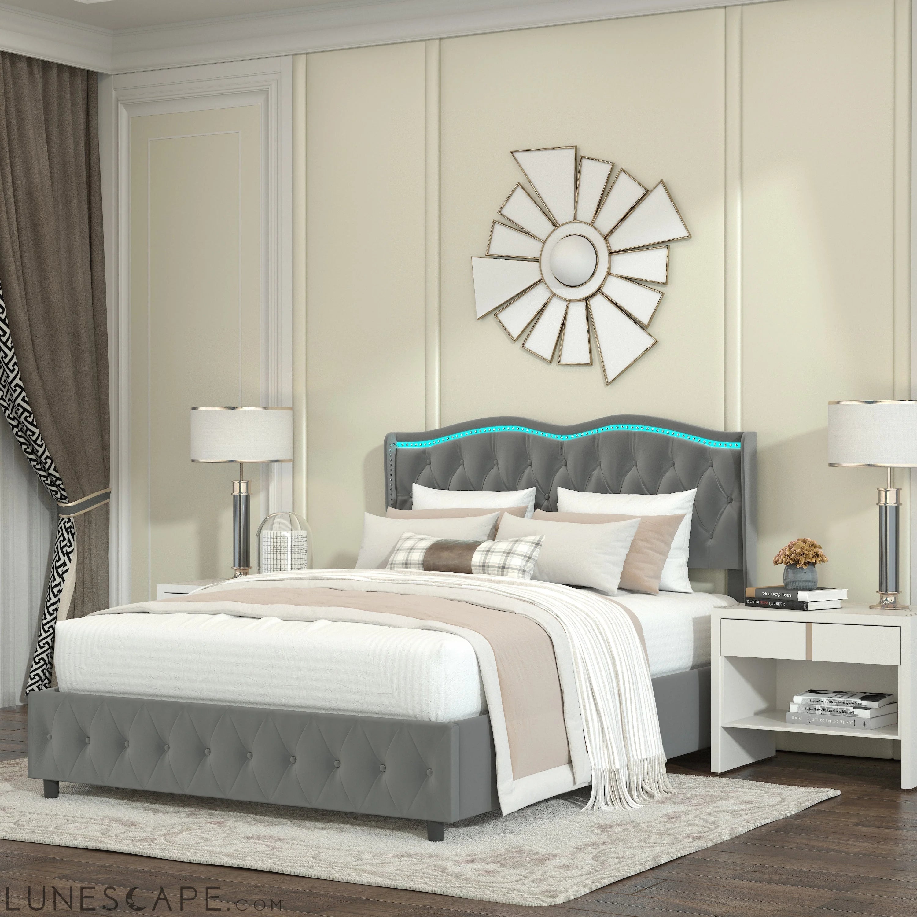 Queen Platform Bed Frame , Velvet Upholstered Bed with Deep Tufted LUNESCAPE