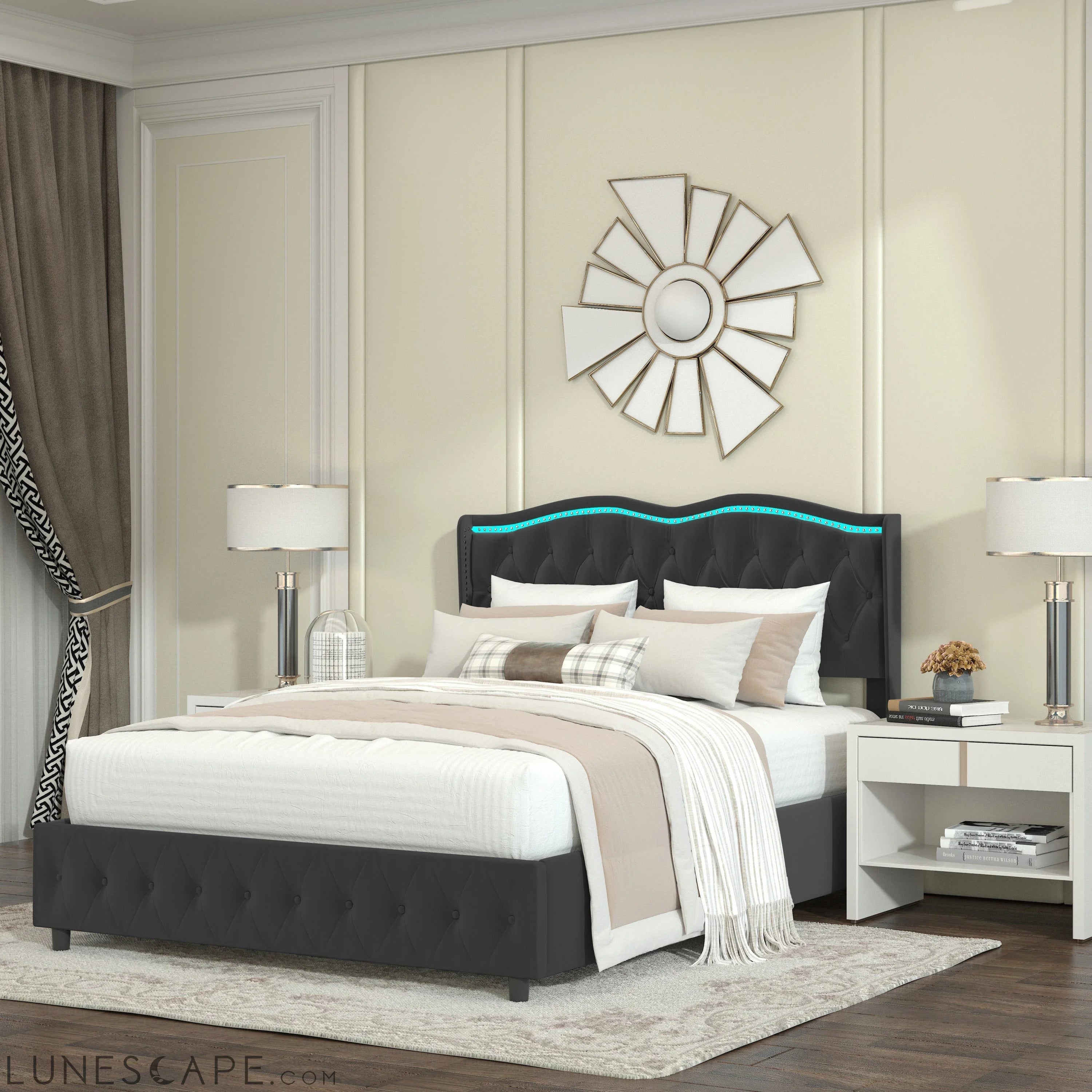 Queen Platform Bed Frame , Velvet Upholstered Bed with Deep Tufted LUNESCAPE