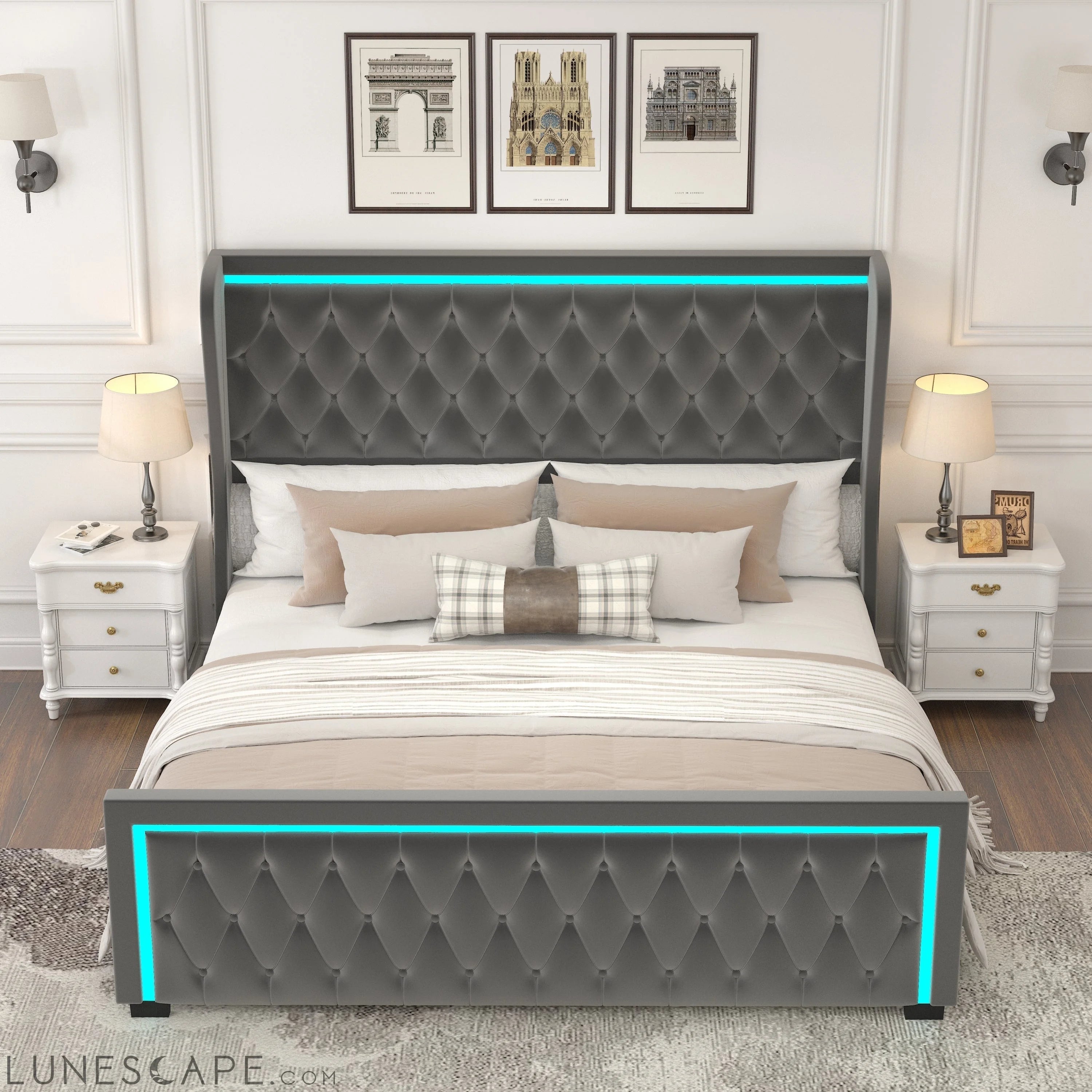 Queen Platform Bed Frame With High headboard, Velvet Upholstered Bed LUNESCAPE