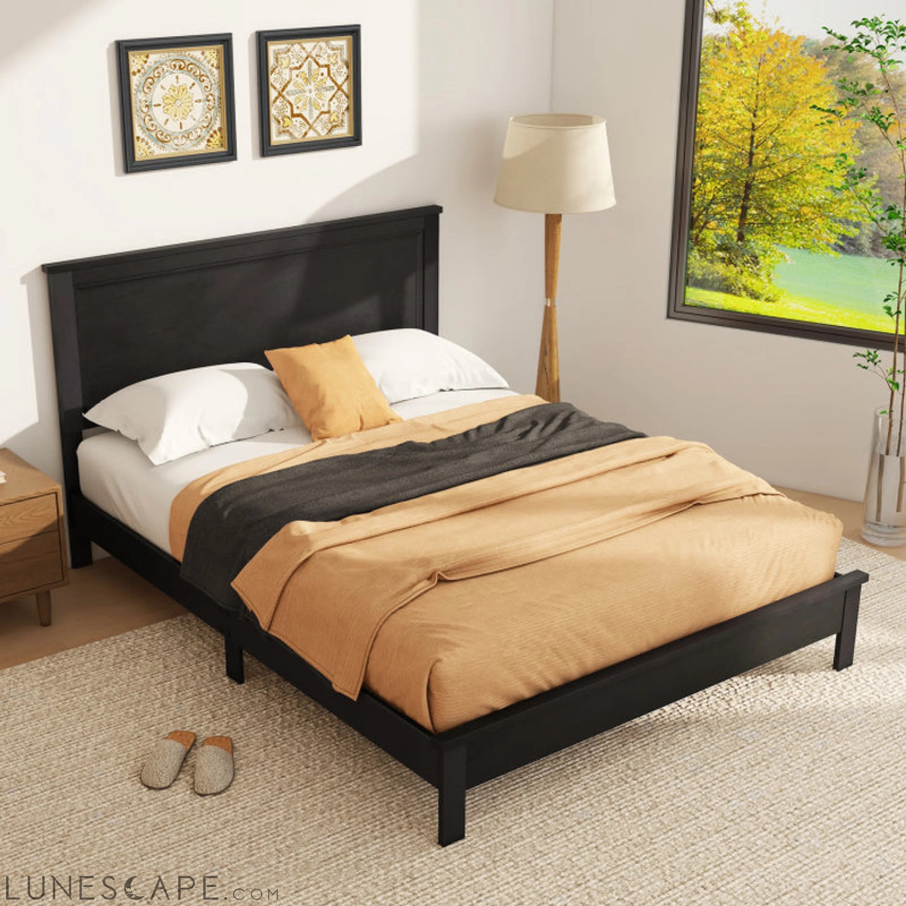 Queen Size Bed Frame Platform Slat High Headboard Bedroom with Rubber LUNESCAPE