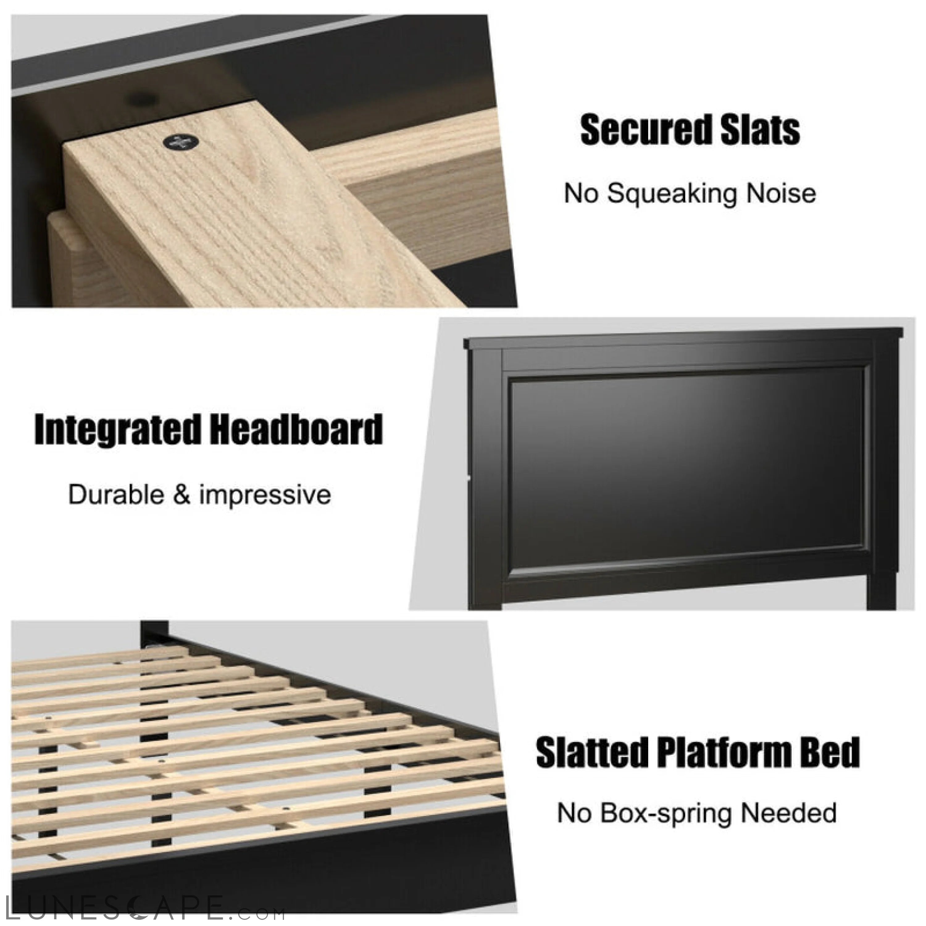 Queen Size Bed Frame Platform Slat High Headboard Bedroom with Rubber LUNESCAPE