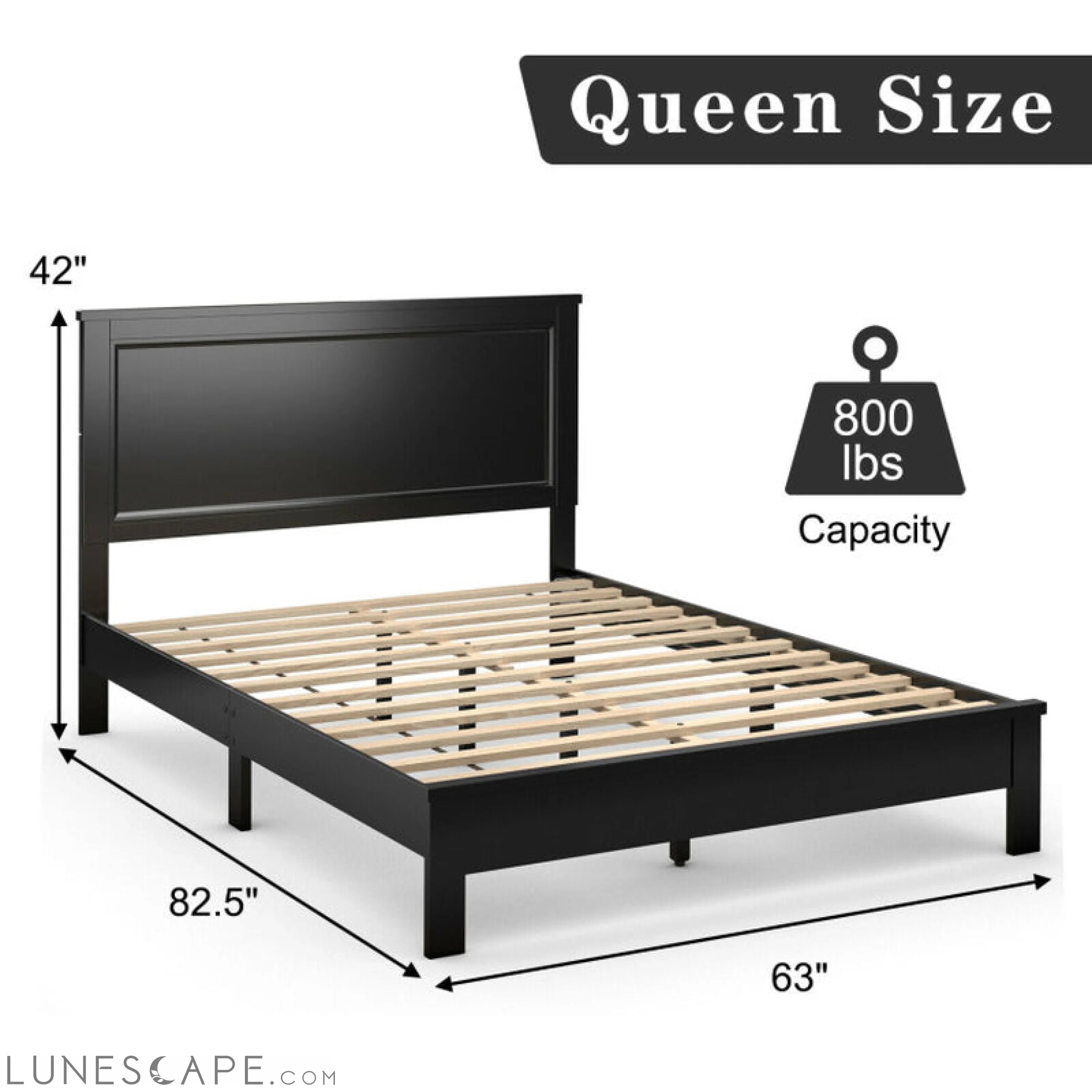 Queen Size Bed Frame Platform Slat High Headboard Bedroom with Rubber LUNESCAPE