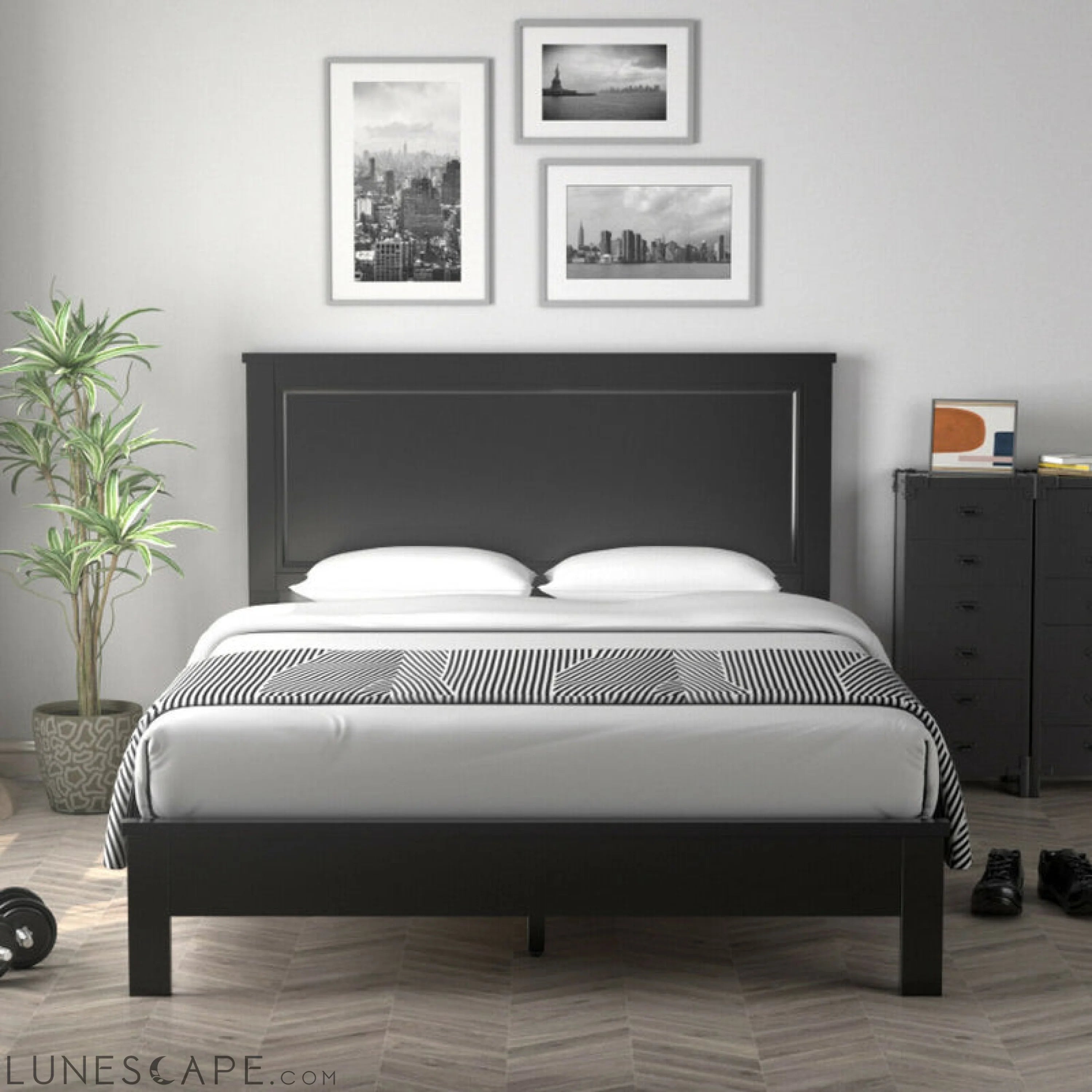 Queen Size Bed Frame Platform Slat High Headboard Bedroom with Rubber LUNESCAPE
