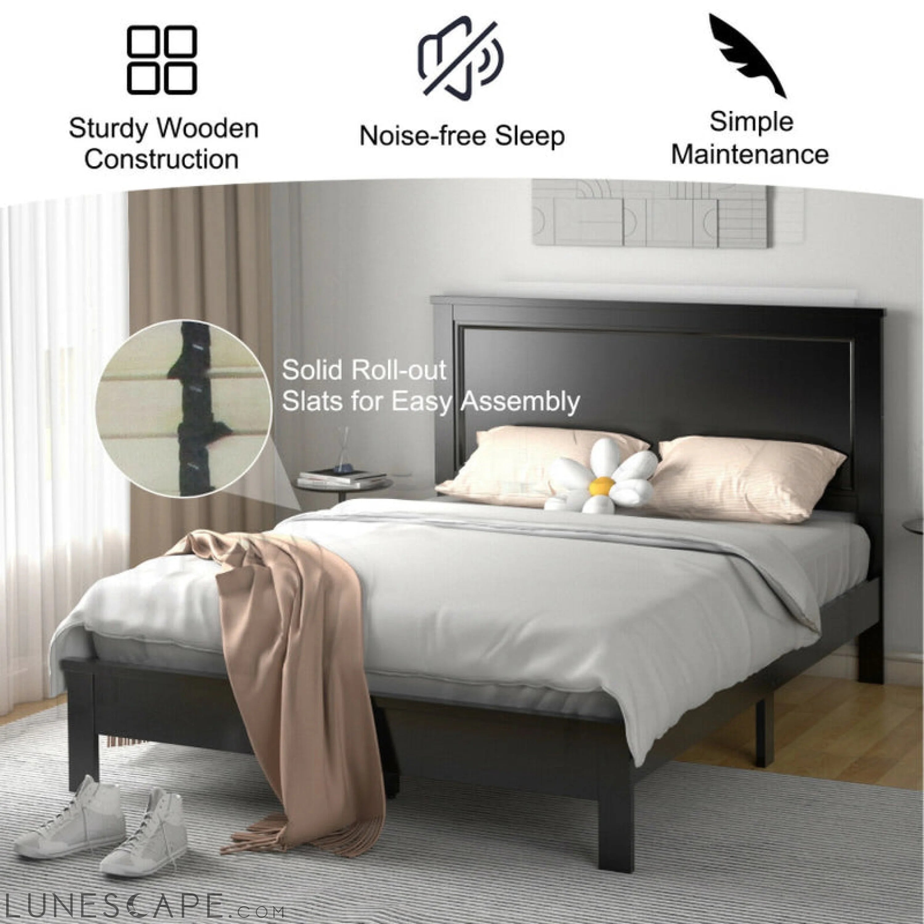 Queen Size Bed Frame Platform Slat High Headboard Bedroom with Rubber LUNESCAPE