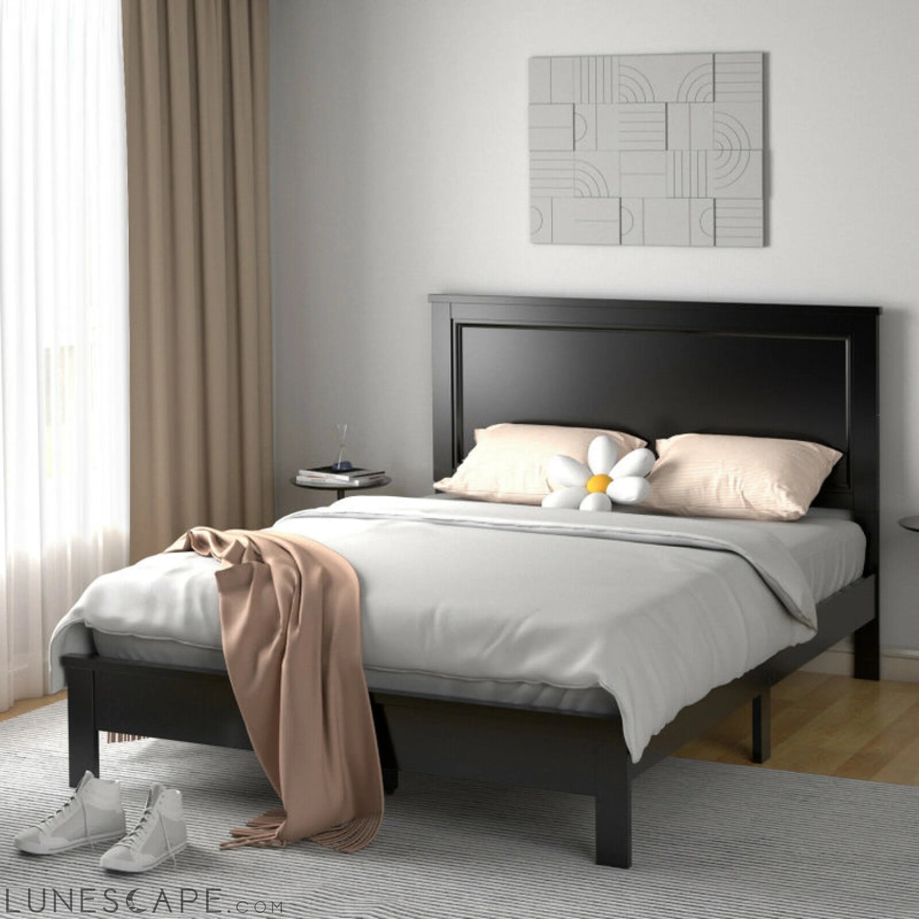 Queen Size Bed Frame Platform Slat High Headboard Bedroom with Rubber LUNESCAPE