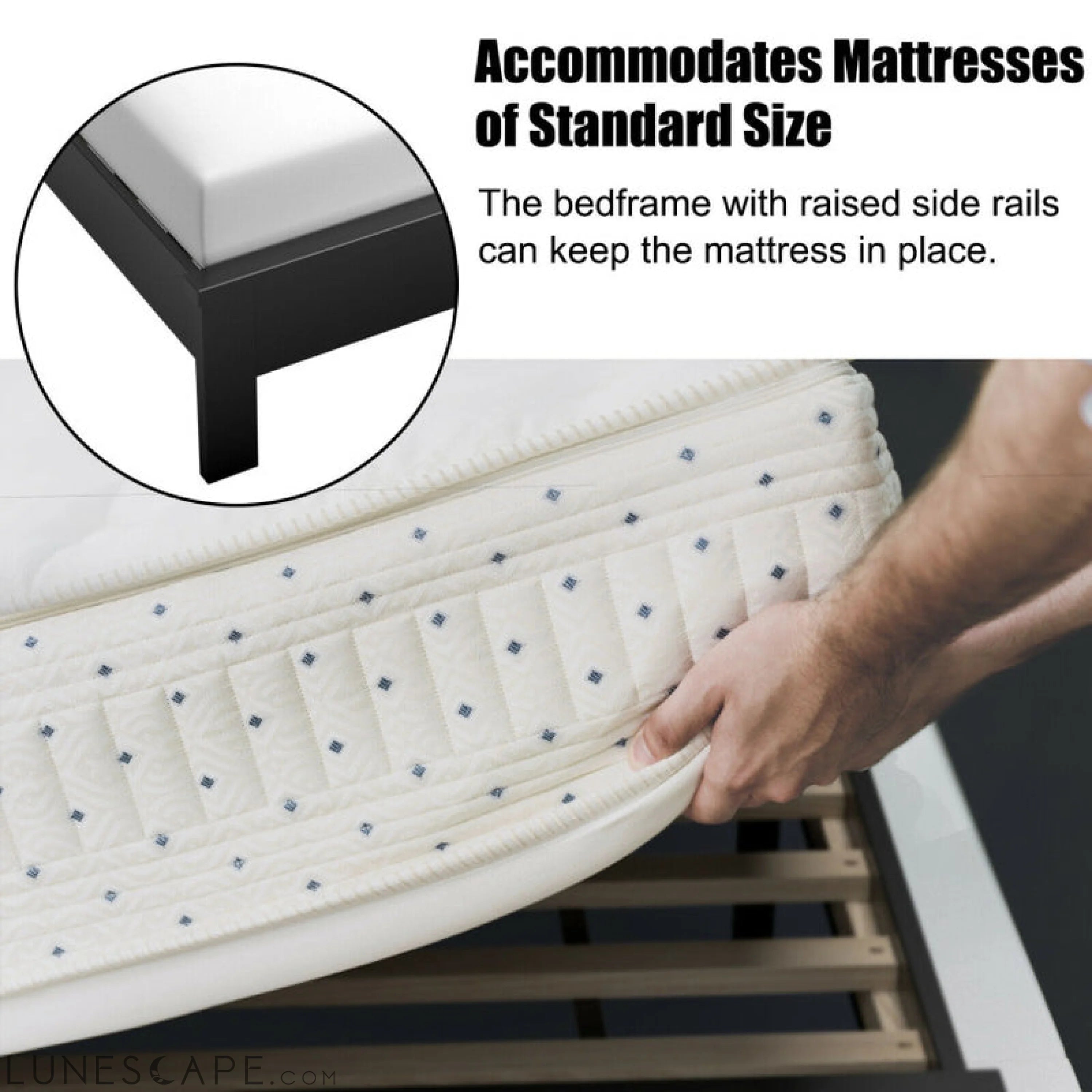 Queen Size Bed Frame Platform Slat High Headboard Bedroom with Rubber LUNESCAPE