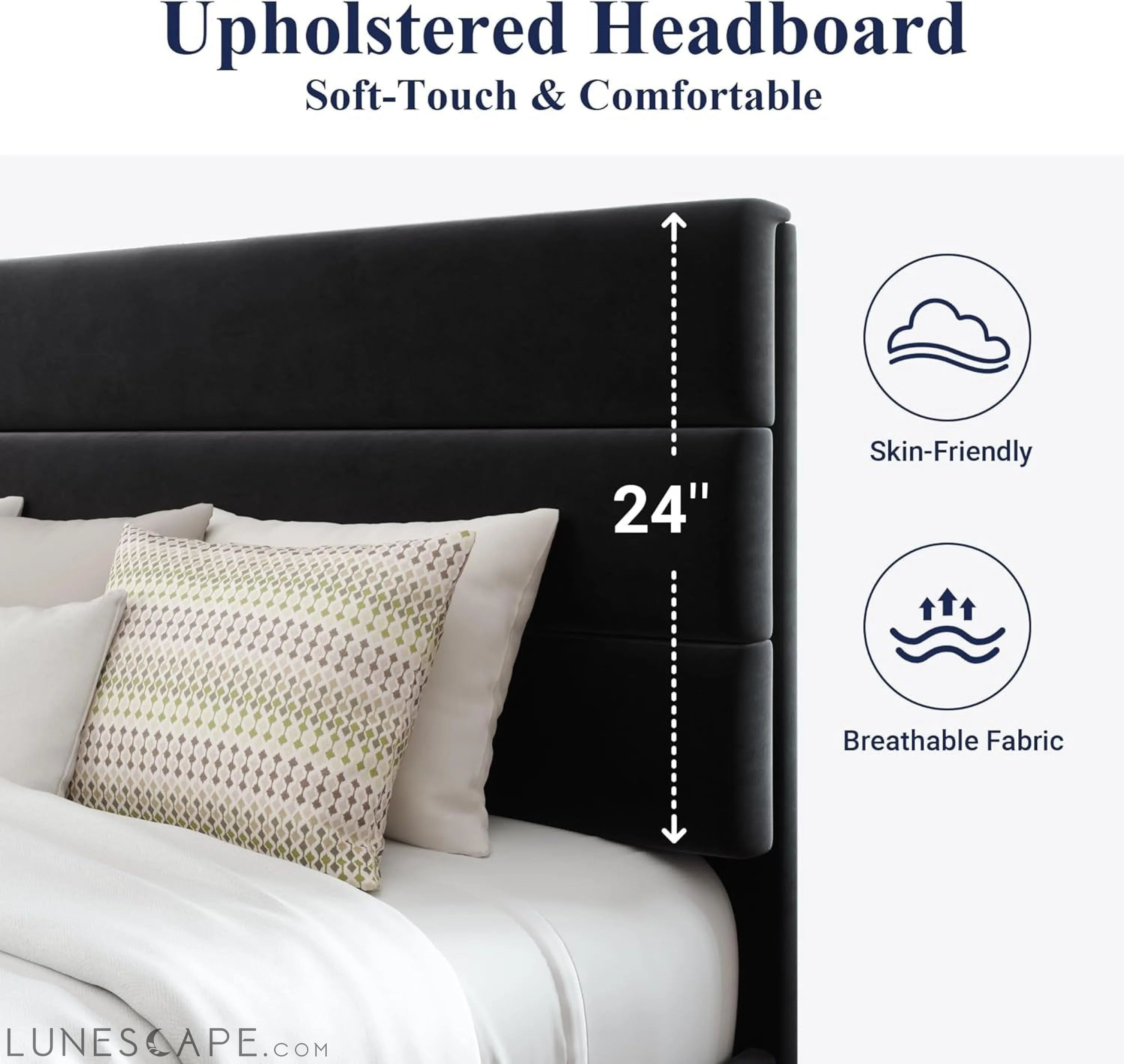 Queen Size Platform Bed Frame with Velvet Upholstered Headboard and LUNESCAPE