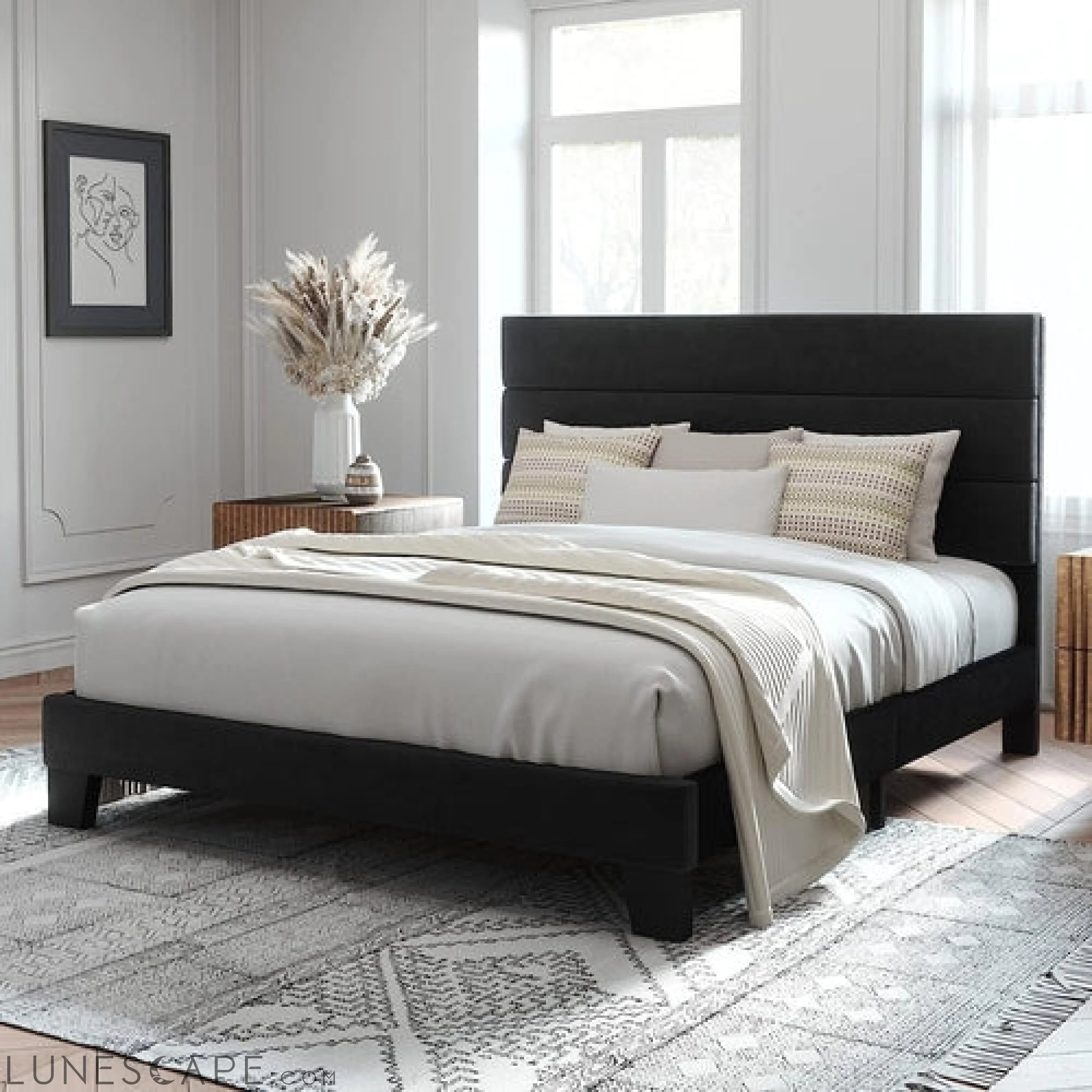 Queen Size Platform Bed Frame with Velvet Upholstered Headboard and LUNESCAPE