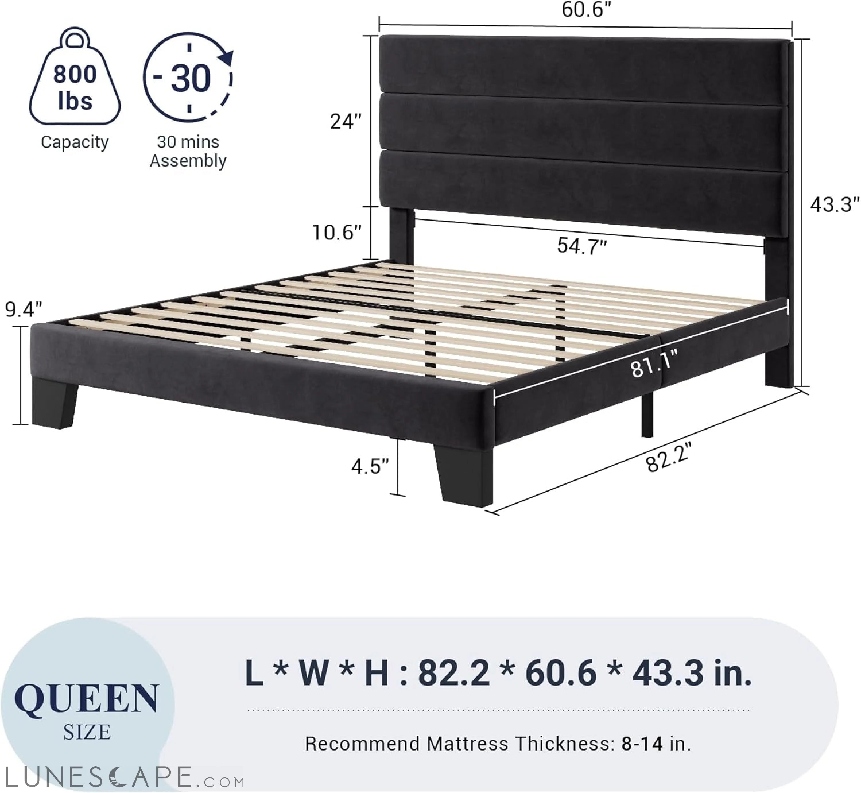 Queen Size Platform Bed Frame with Velvet Upholstered Headboard and LUNESCAPE