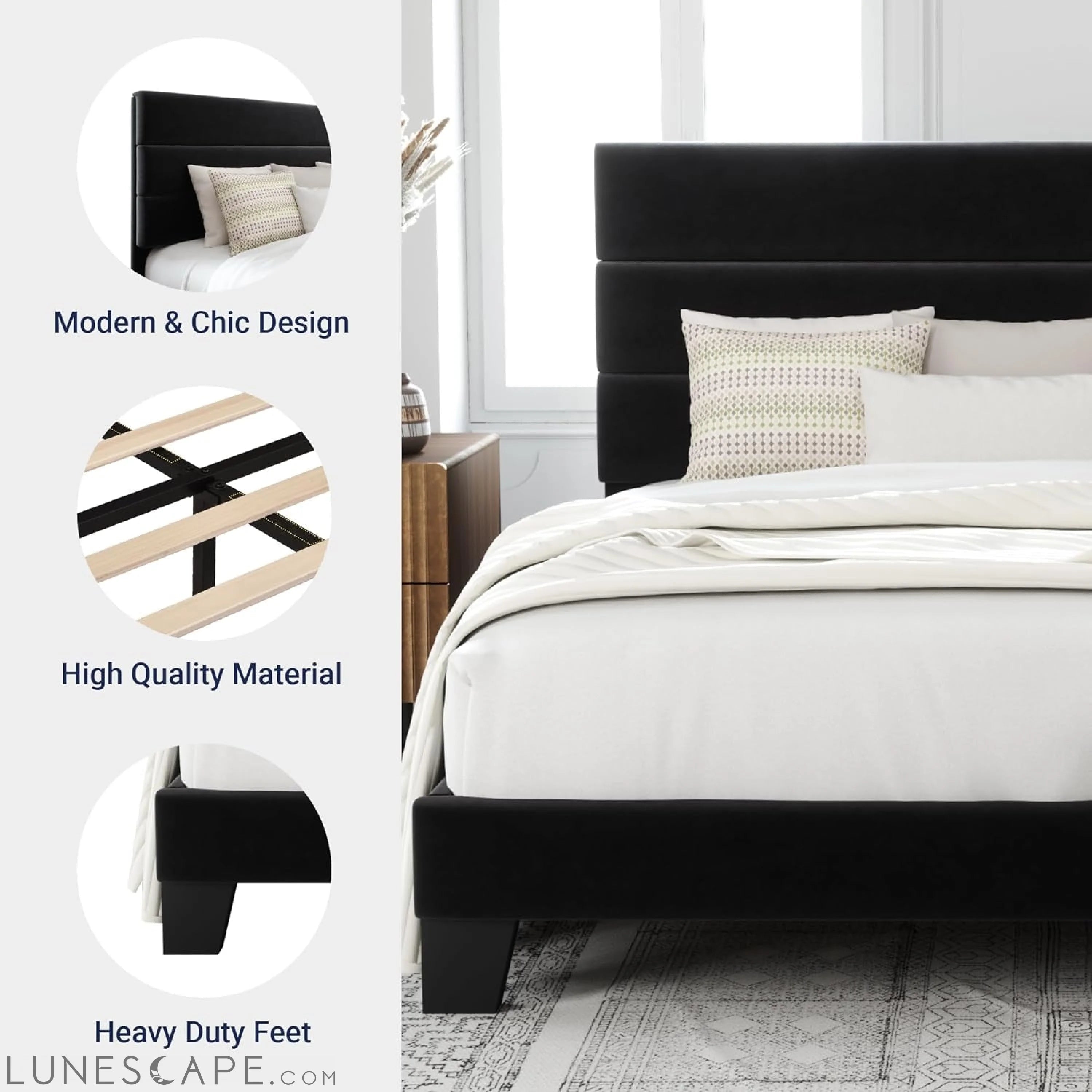 Queen Size Platform Bed Frame with Velvet Upholstered Headboard and LUNESCAPE
