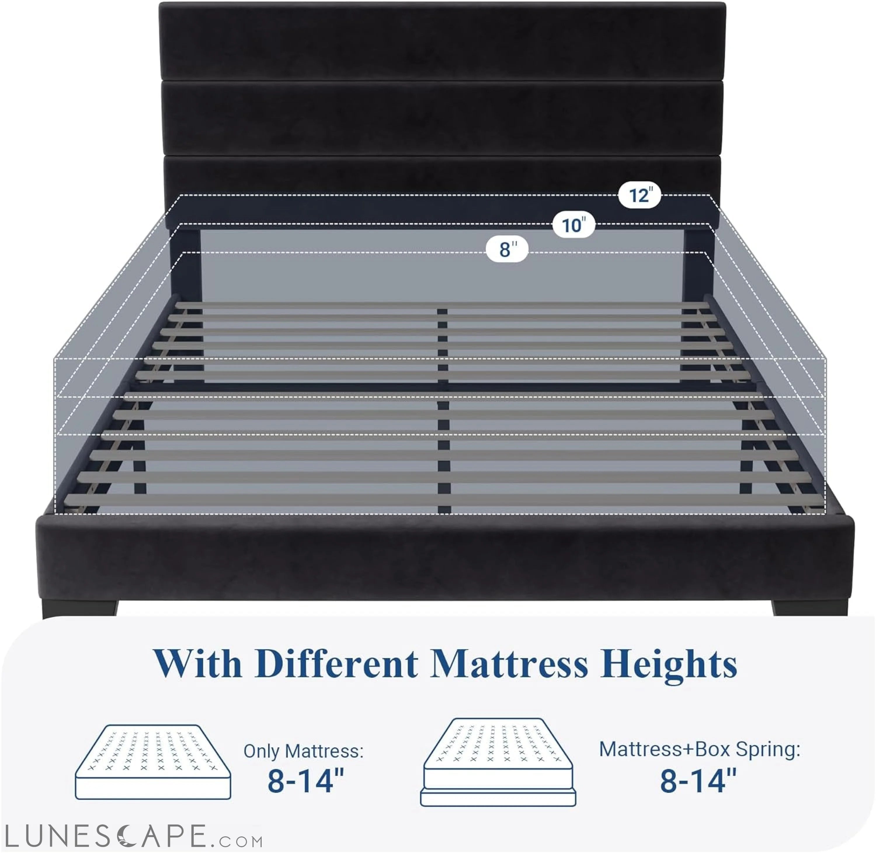 Queen Size Platform Bed Frame with Velvet Upholstered Headboard and LUNESCAPE