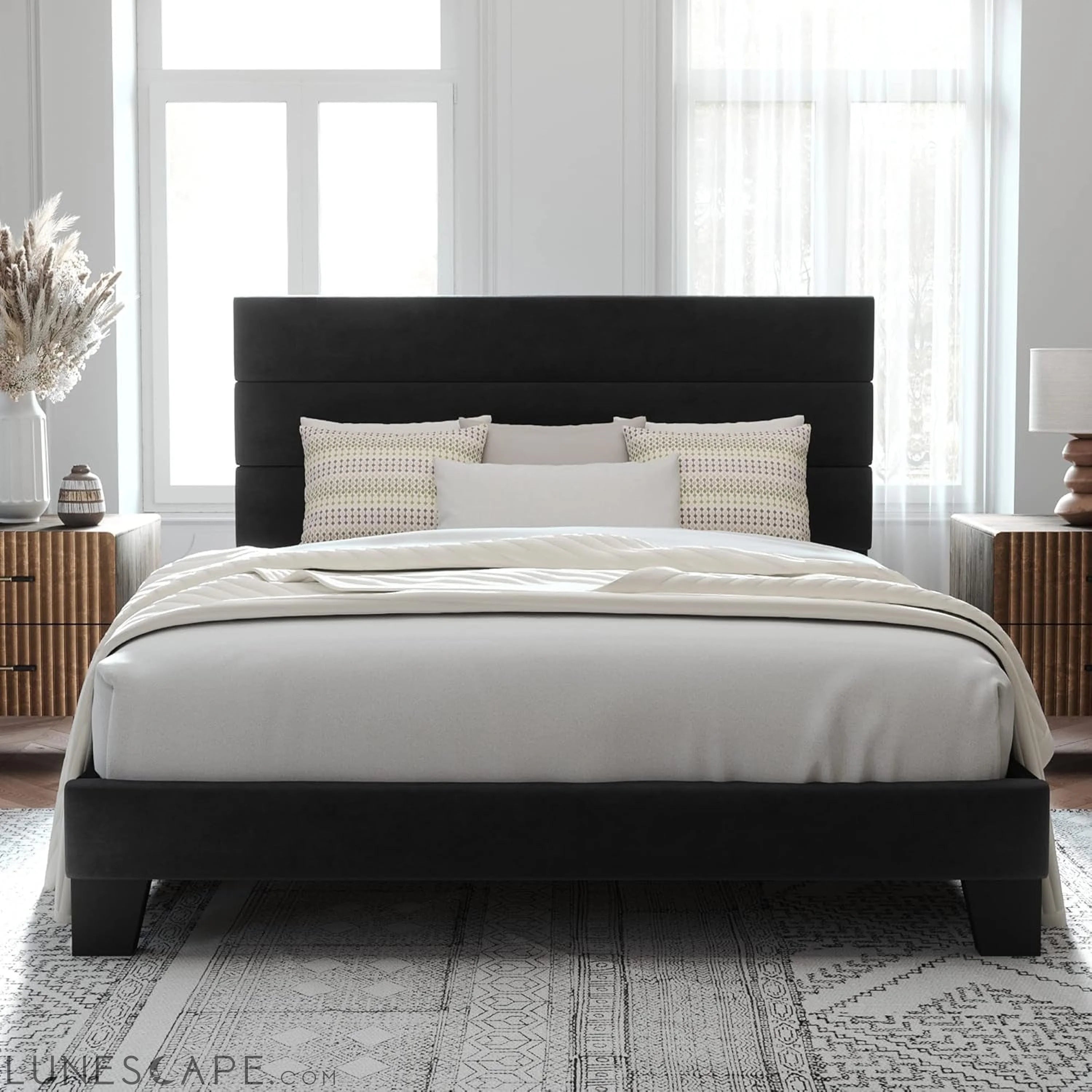 Queen Size Platform Bed Frame with Velvet Upholstered Headboard and LUNESCAPE