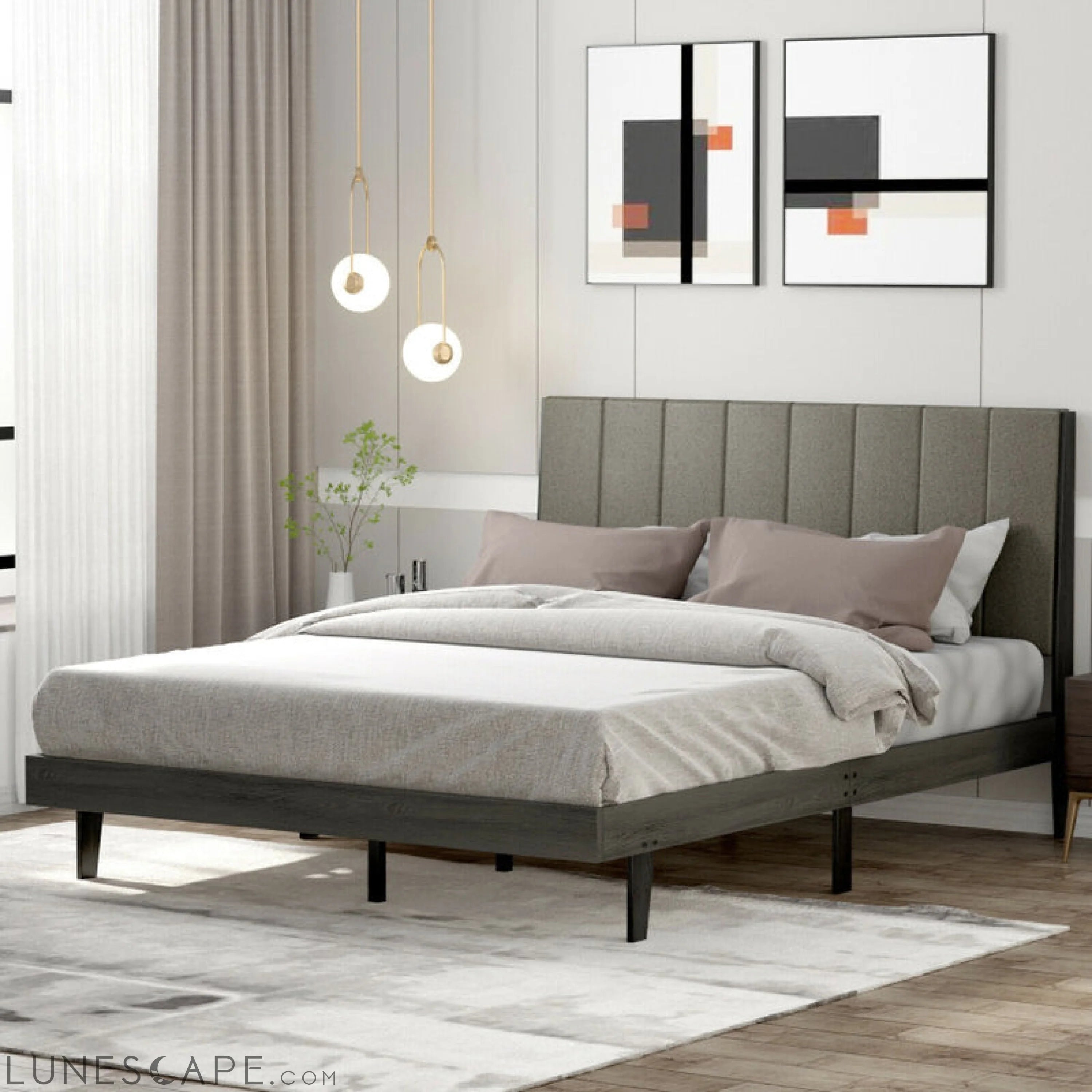 Queen Size Upholstered Bed Frame with Tufted Headboard LUNESCAPE