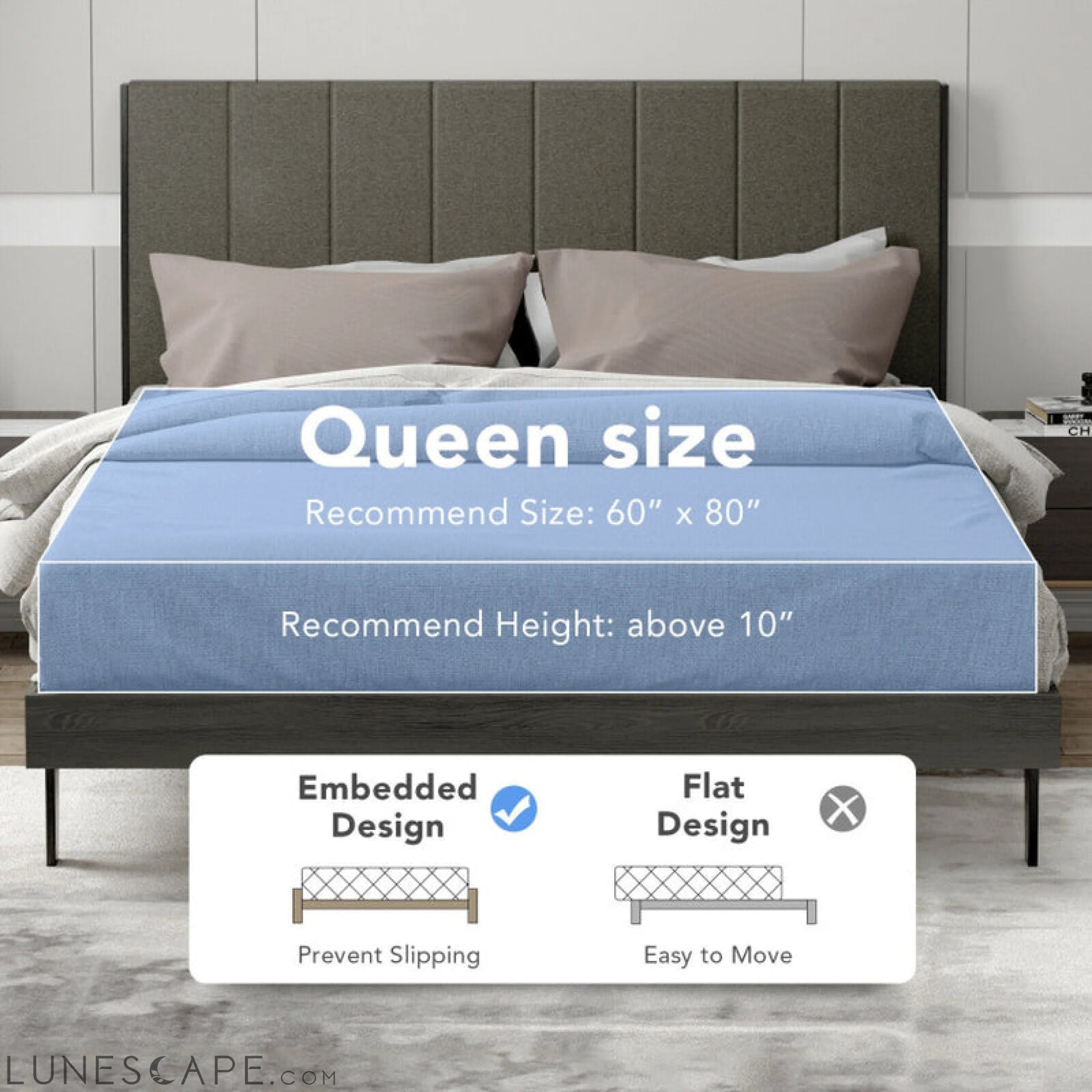 Queen Size Upholstered Bed Frame with Tufted Headboard LUNESCAPE