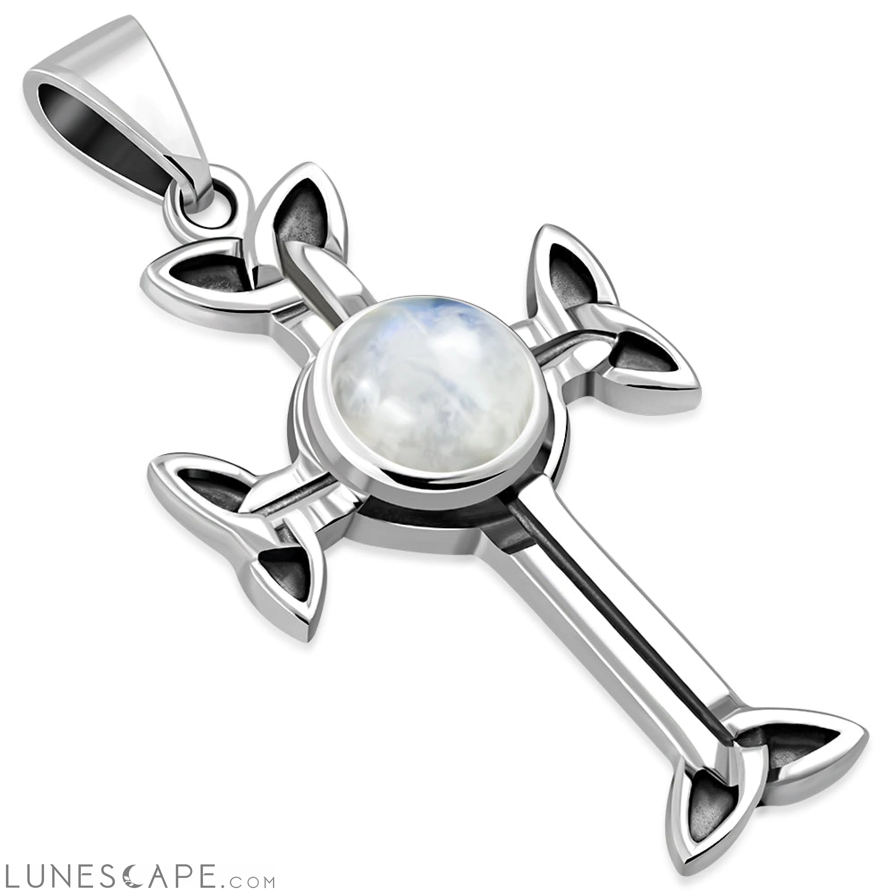 Rainbow Moonstone Trinity Knot Cross Silver Pendant LUNESCAPE