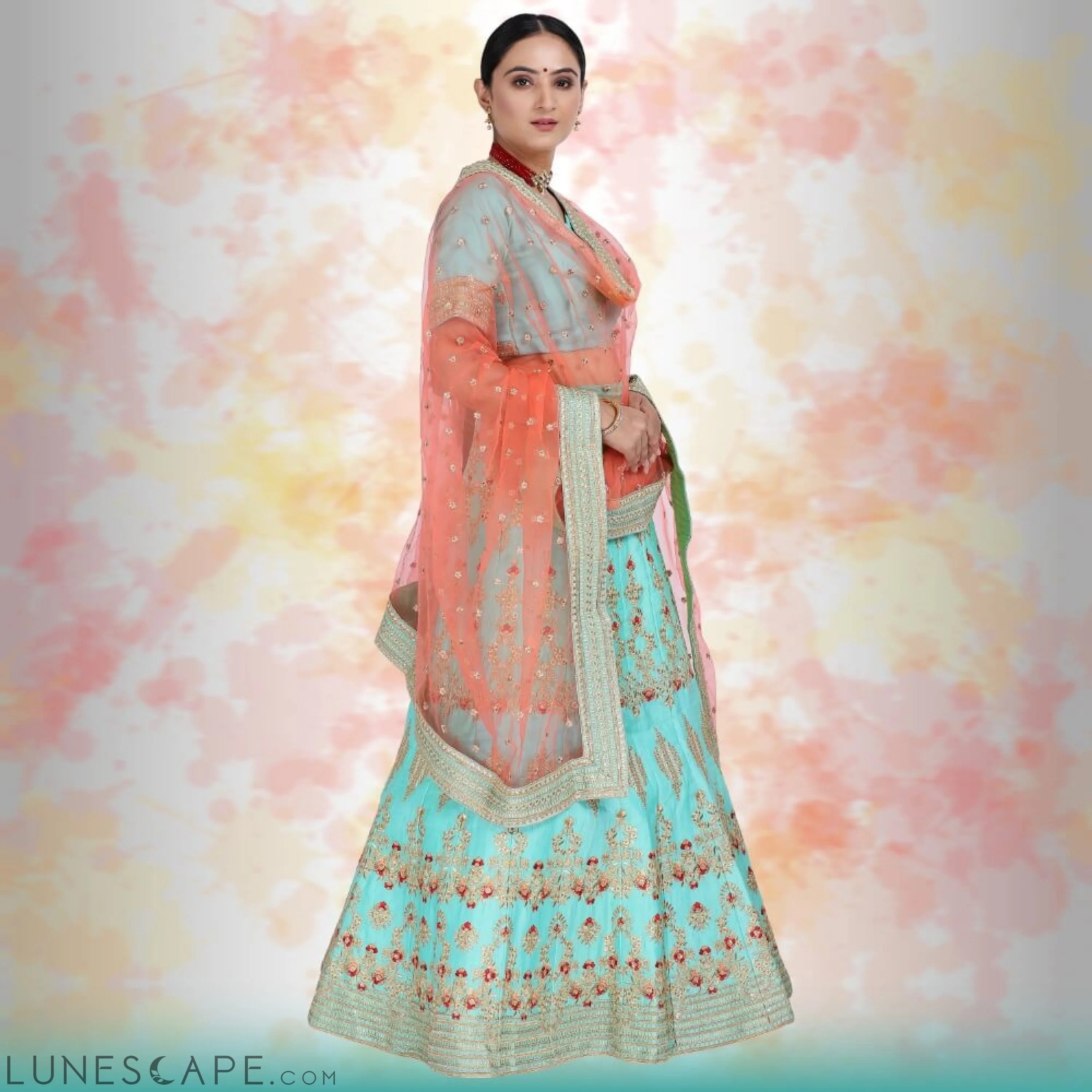 Raw Silk Lehenga Choli - Blue LUNESCAPE
