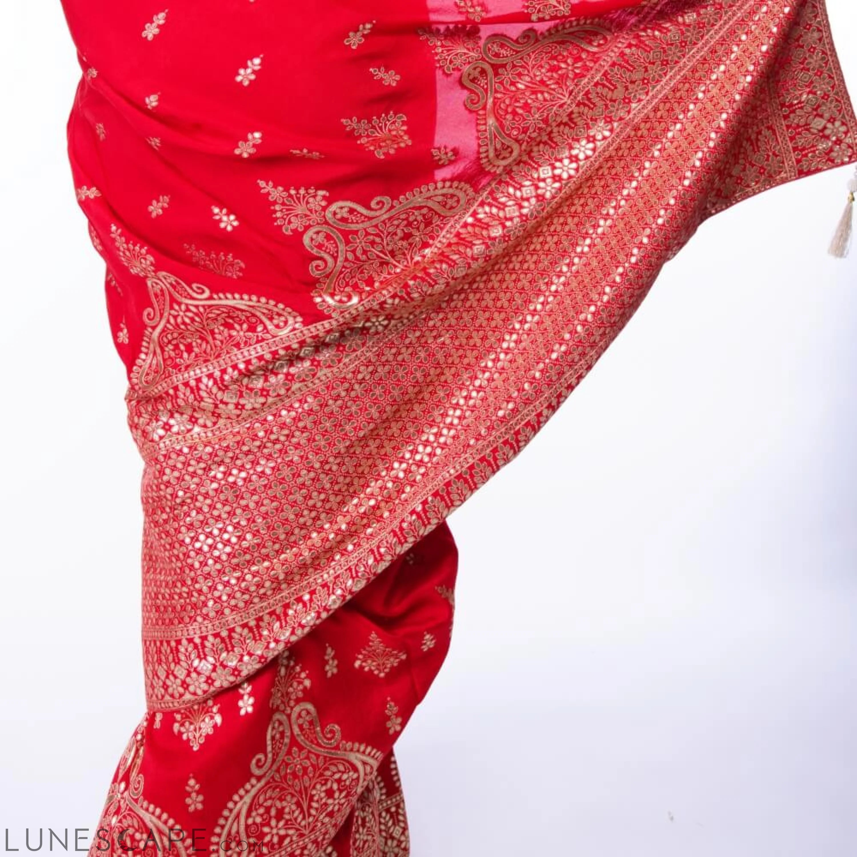 Red Banarasi Silk Saree With Gold Gota Patti Print LUNESCAPE