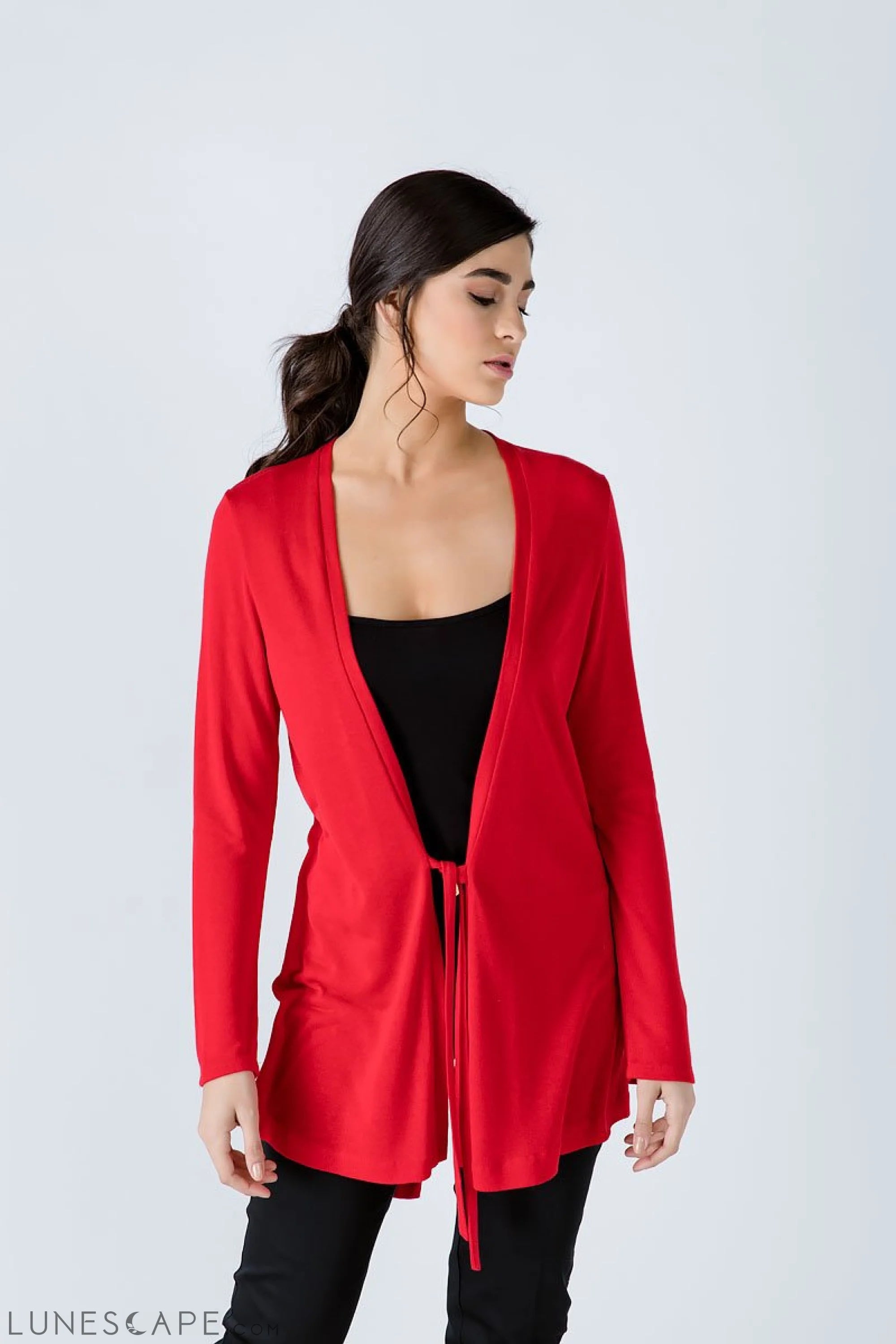 Red Open Front Linen Cardigan LUNESCAPE