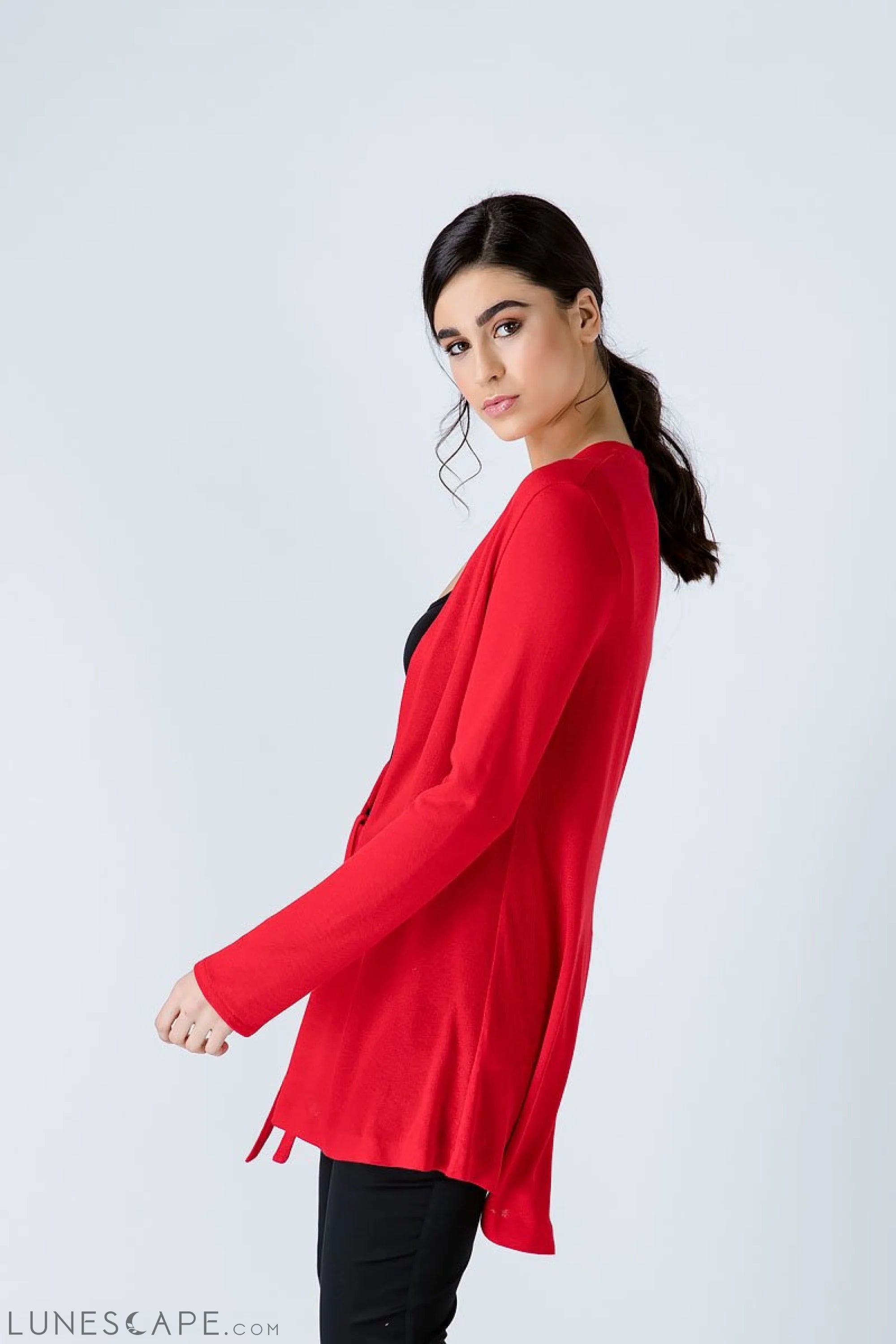Red Open Front Linen Cardigan LUNESCAPE