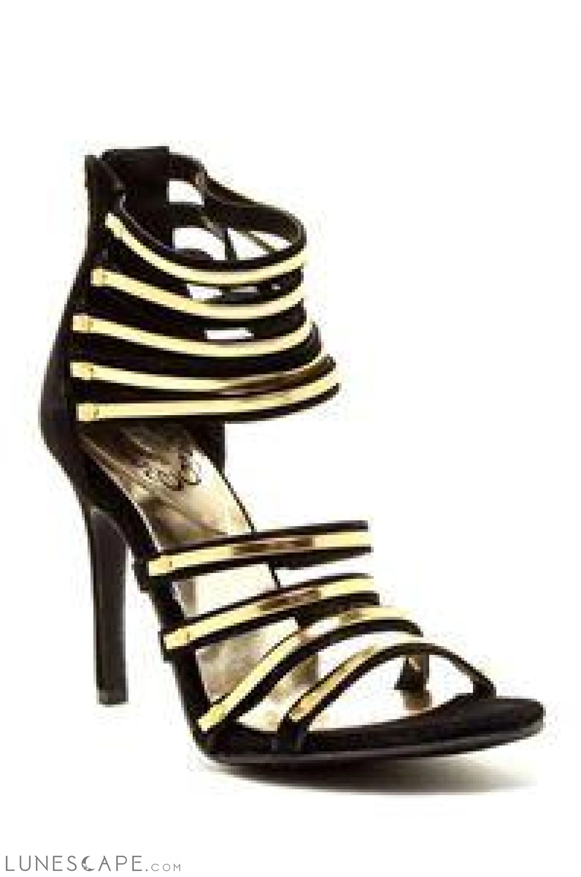 REGINE High Heeled Open Toe Strappy Sandal Black with Metallic Gold LUNESCAPE