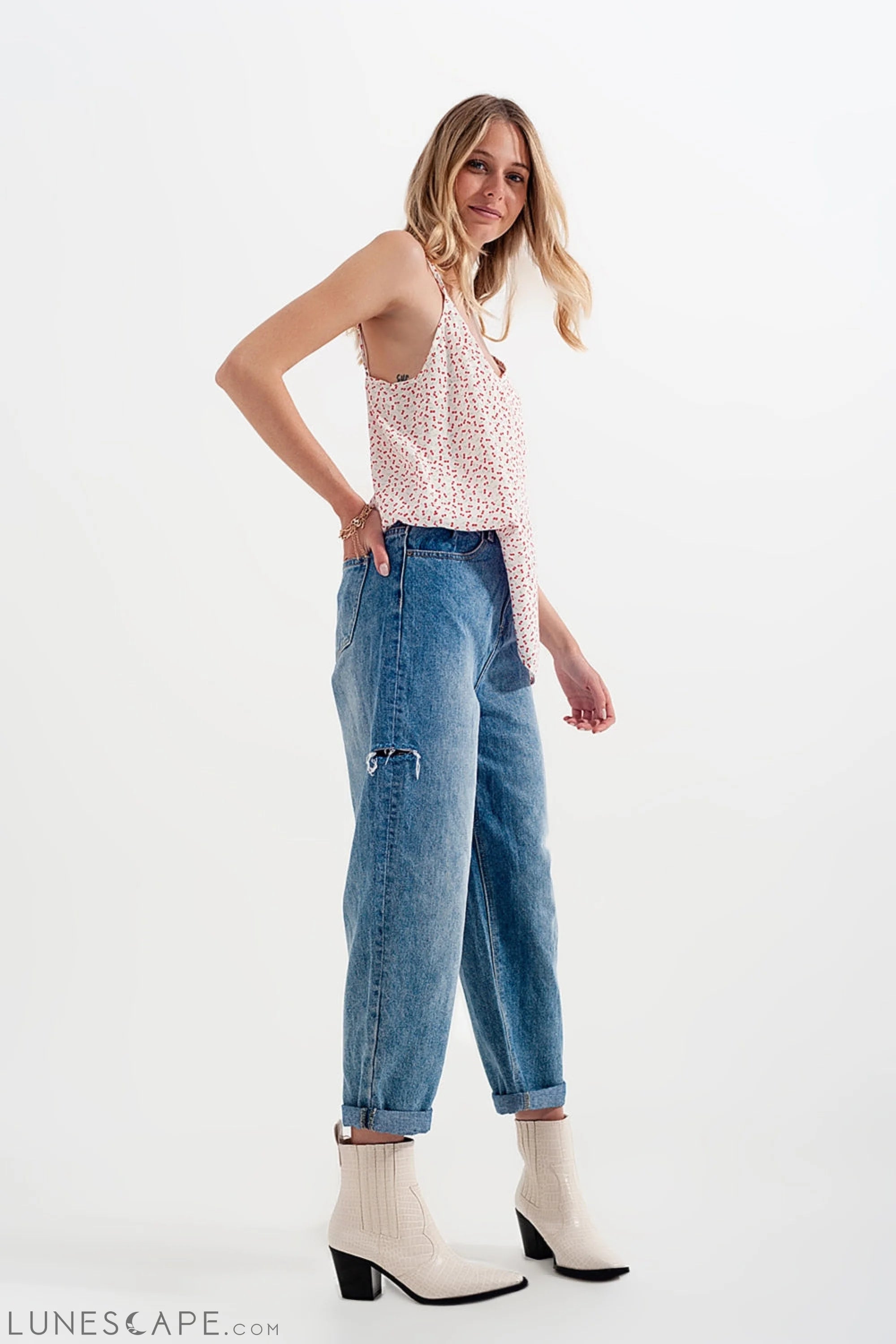 Relaxed Fit Side Rip Jeans in Mid Blue LUNESCAPE