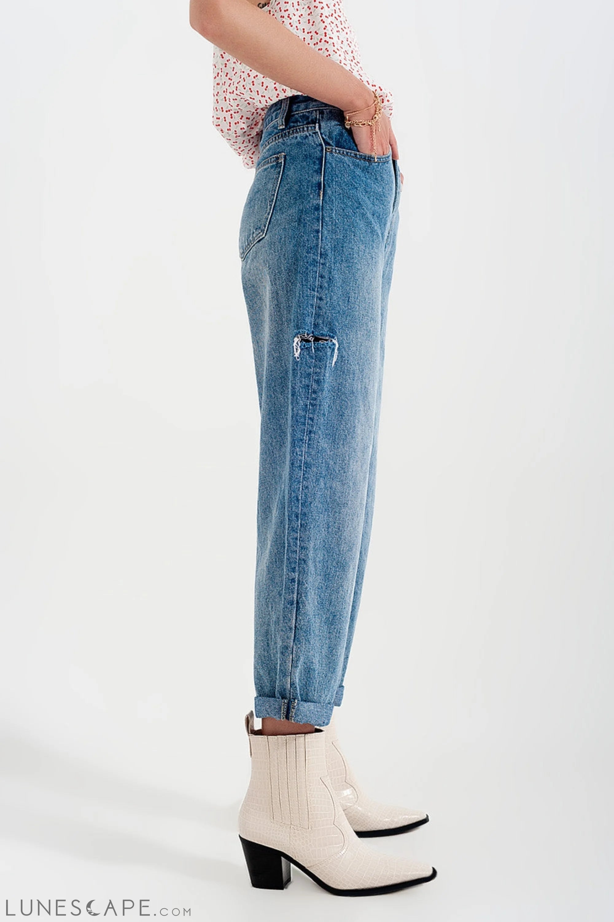 Relaxed Fit Side Rip Jeans in Mid Blue LUNESCAPE