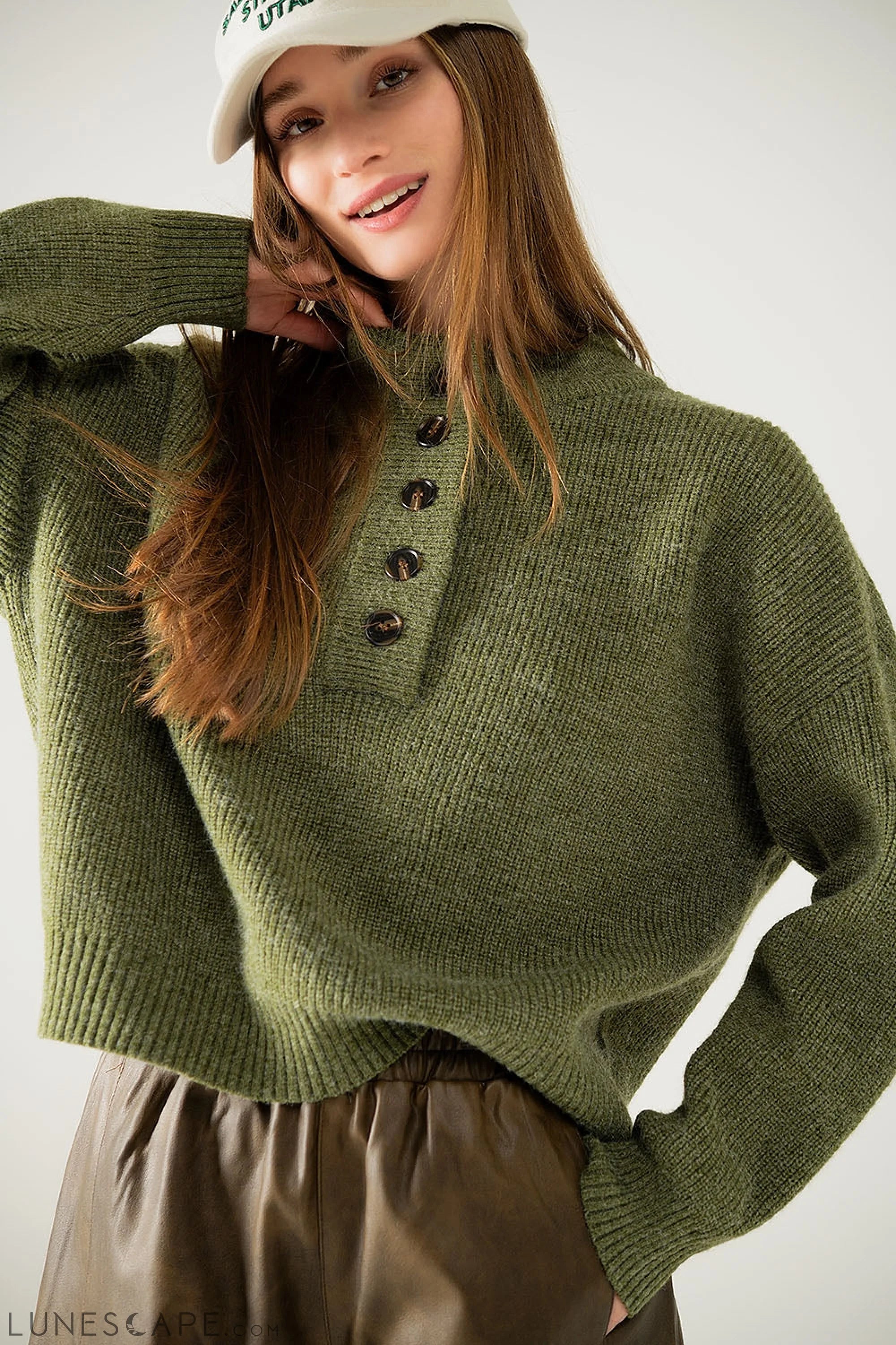 Relaxed Half-Button Sweater in Green LUNESCAPE