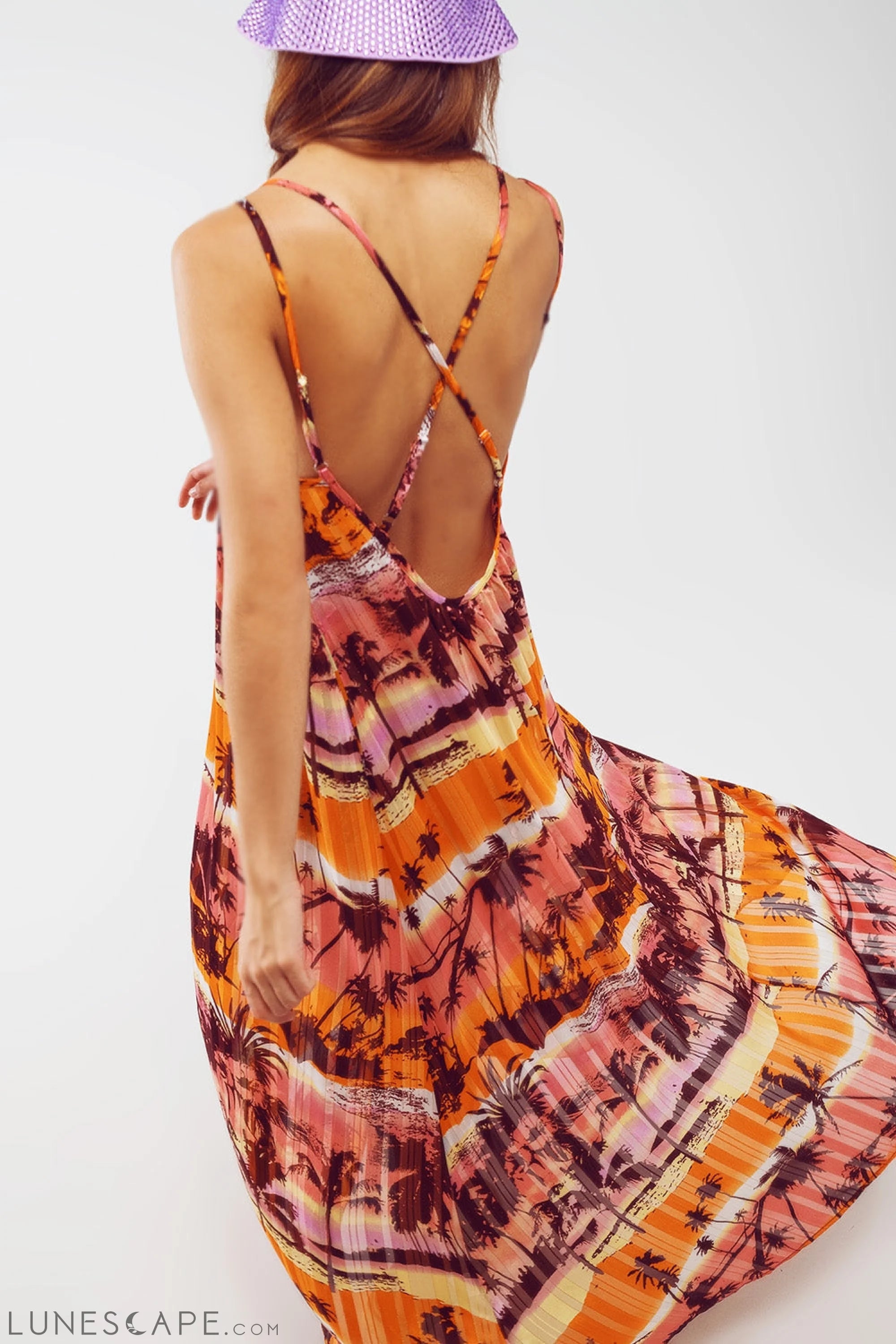 Relaxed Open Back Maxi Dress in Tropical Pink Print LUNESCAPE